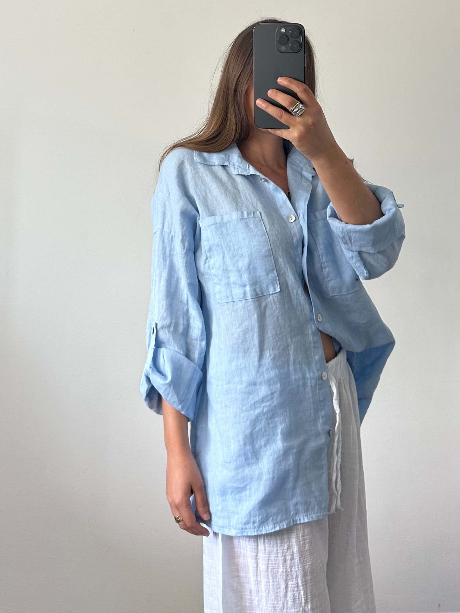 CAMICIA con taschino 100% puro LINO celeste