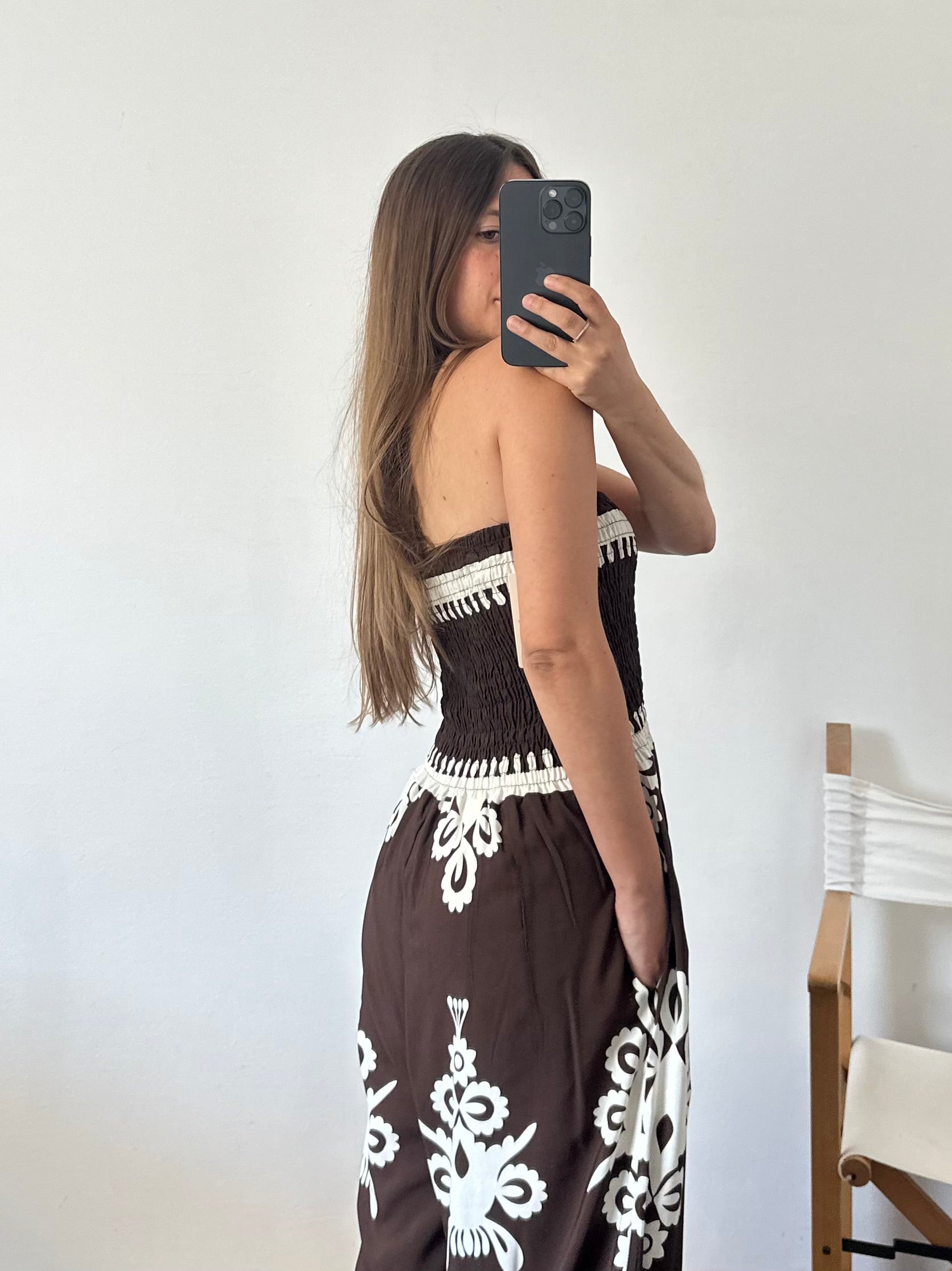 JUMPSUIT 100% VISCOSA STAMPA ETNICA MARRONE
