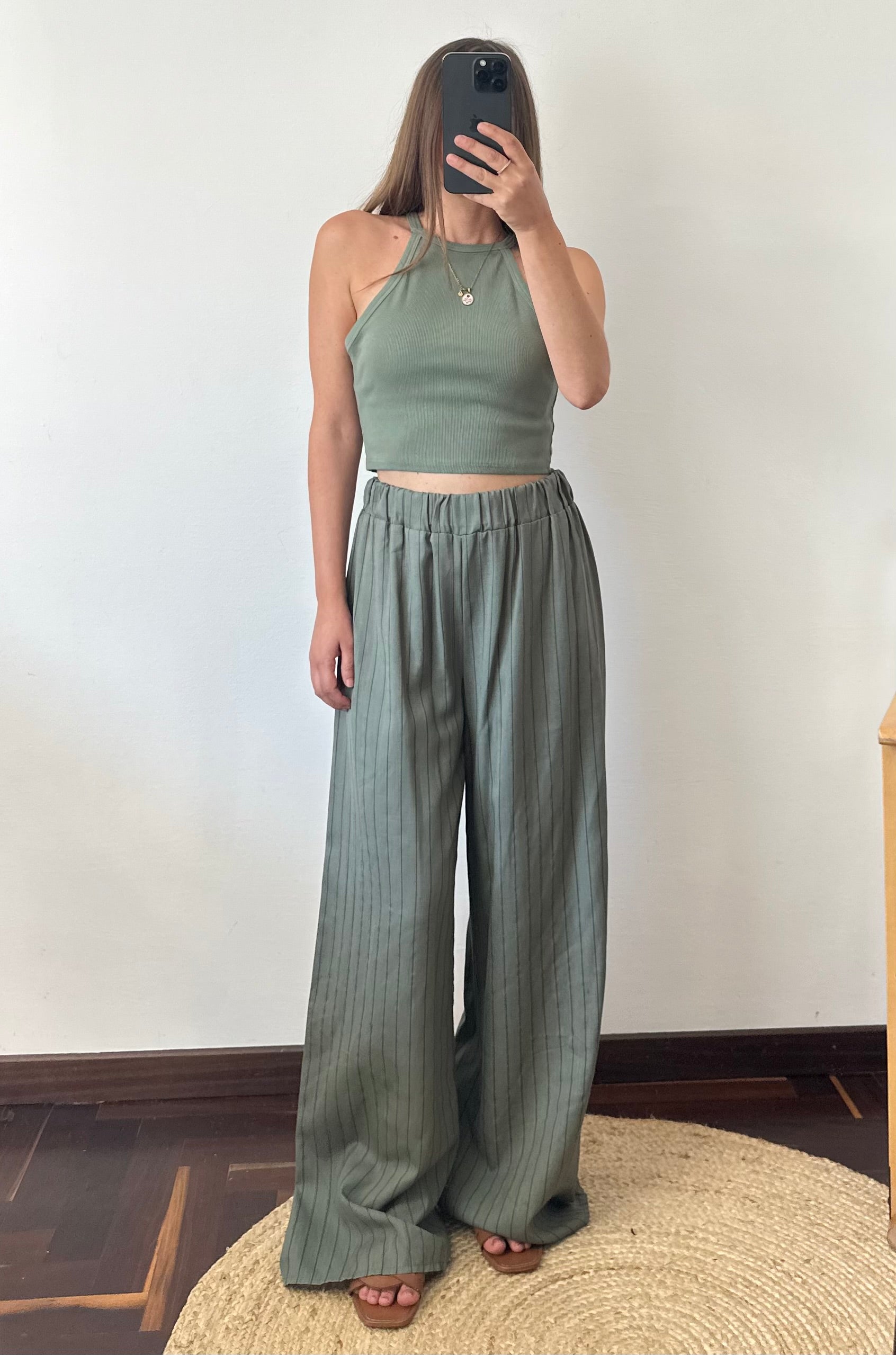 COORDINATO KIMONO misto lino verde gessato