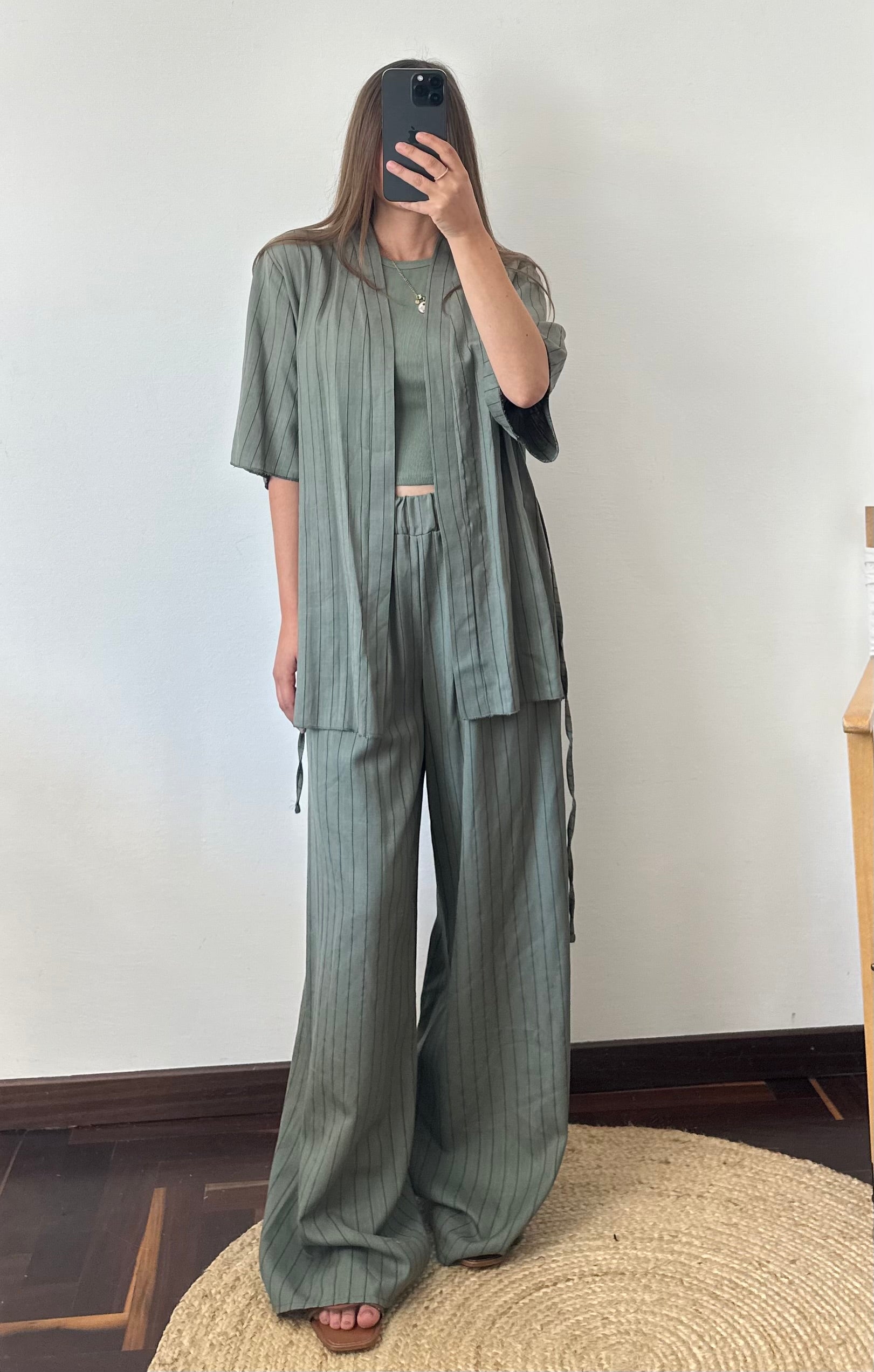 COORDINATO KIMONO misto lino verde gessato