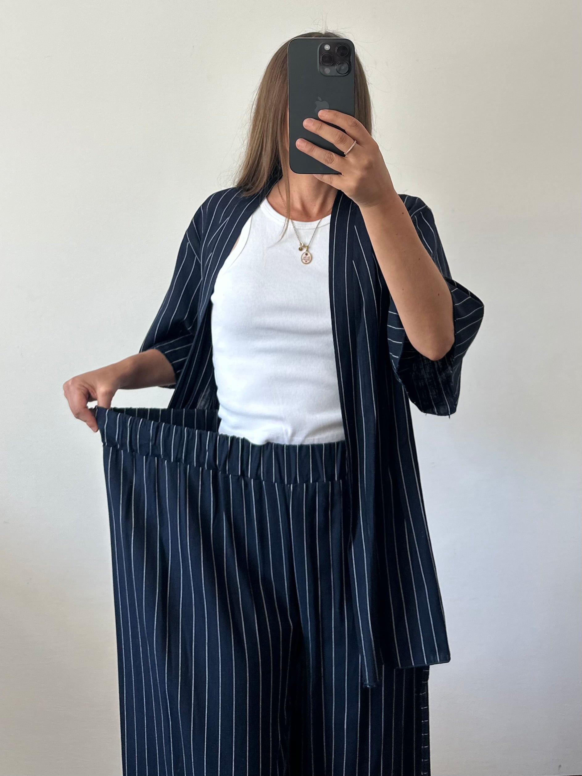 COORDINATO KIMONO misto lino blu gessato