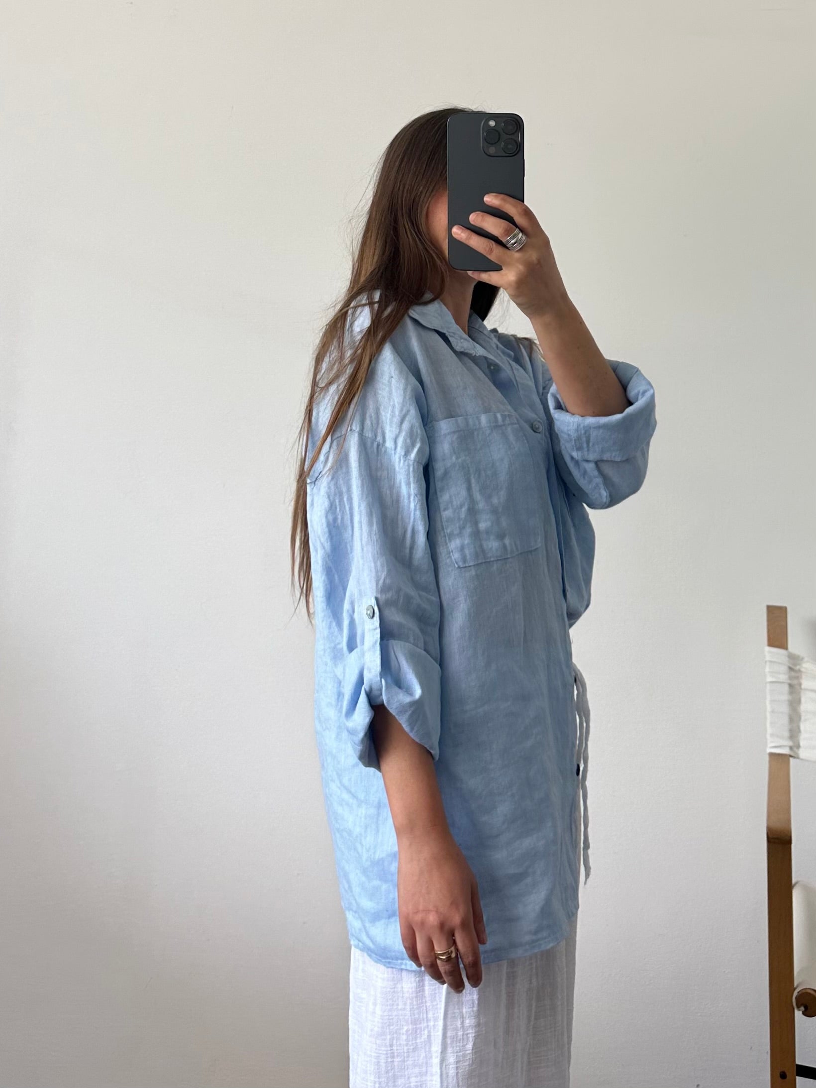 CAMICIA con taschino 100% puro LINO celeste