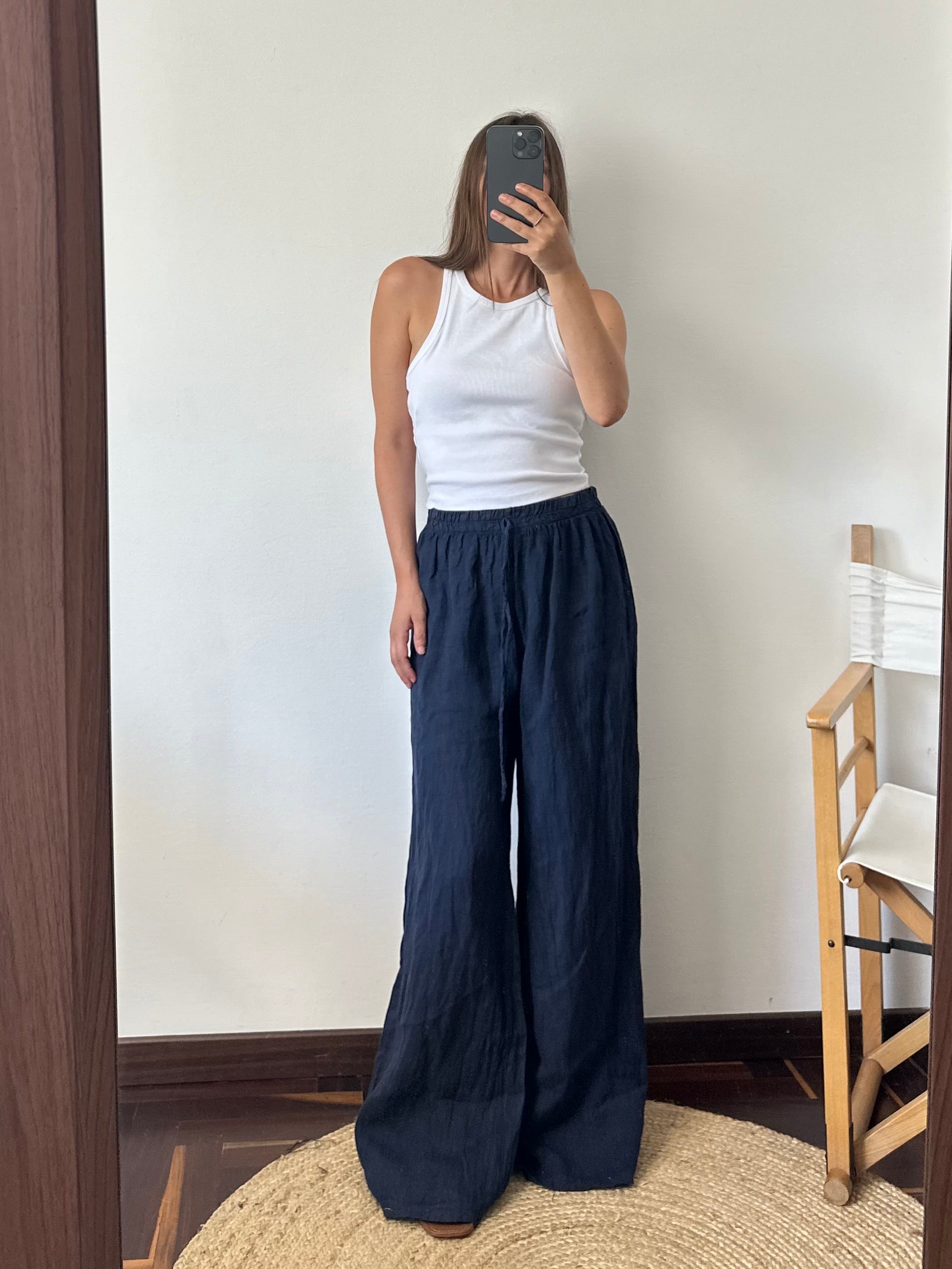 PANTALONE con tasche 100% LINO Blu notte