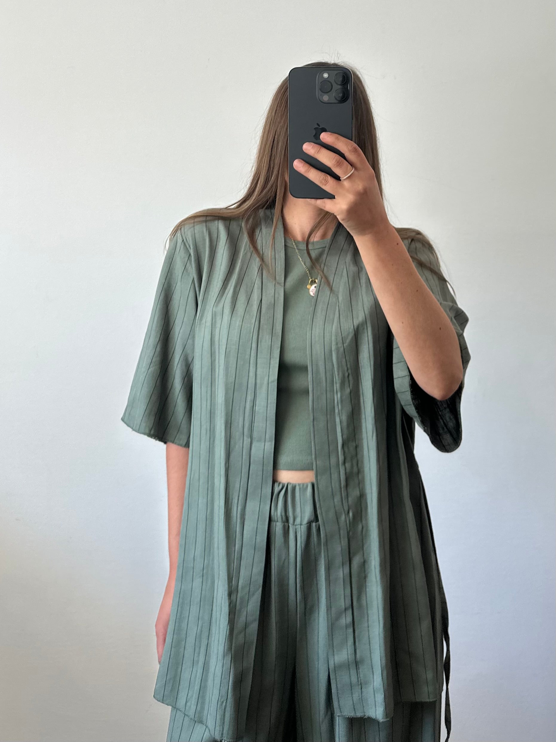COORDINATO KIMONO misto lino verde gessato