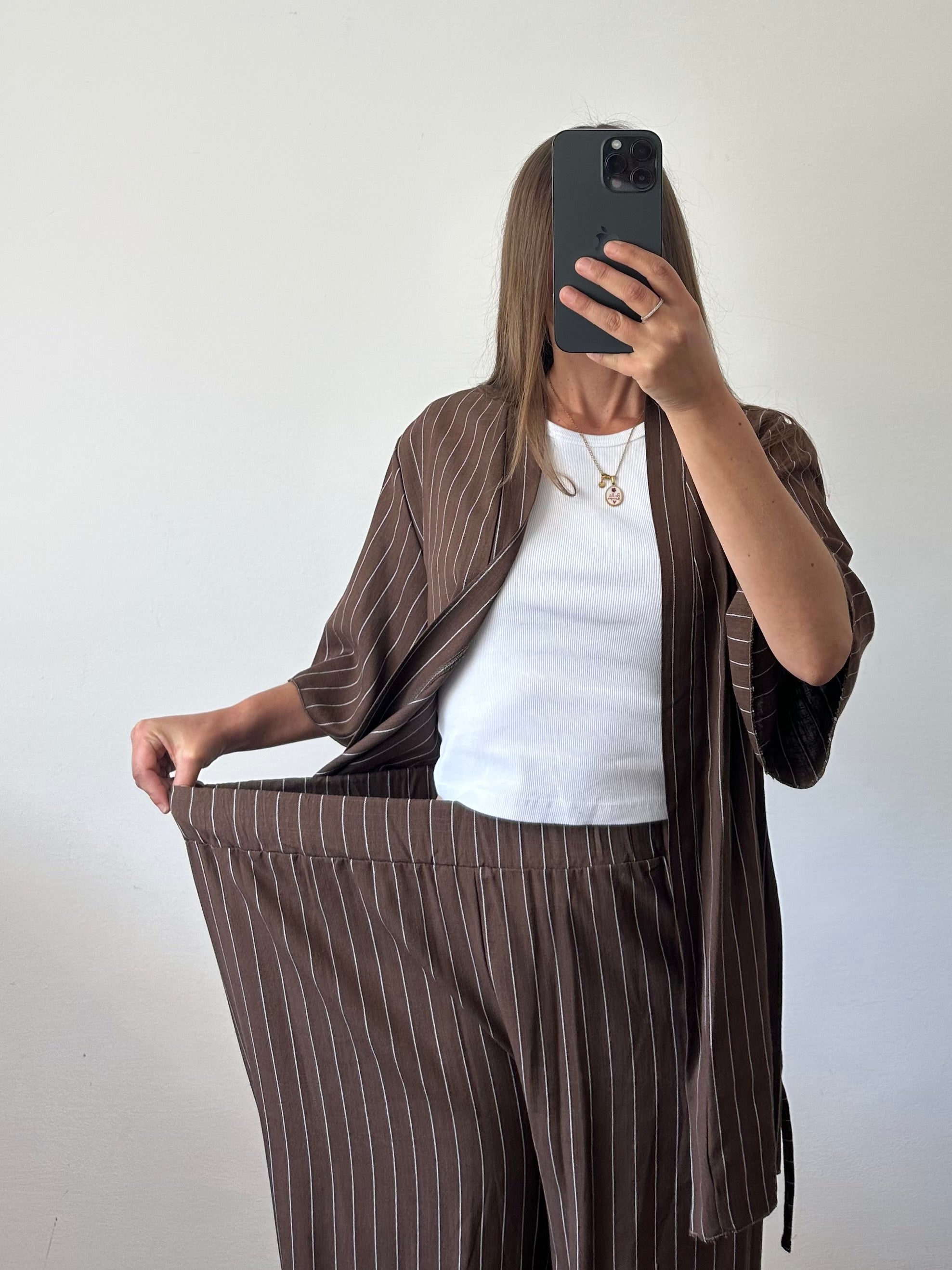 COORDINATO KIMONO misto lino marrone gessato