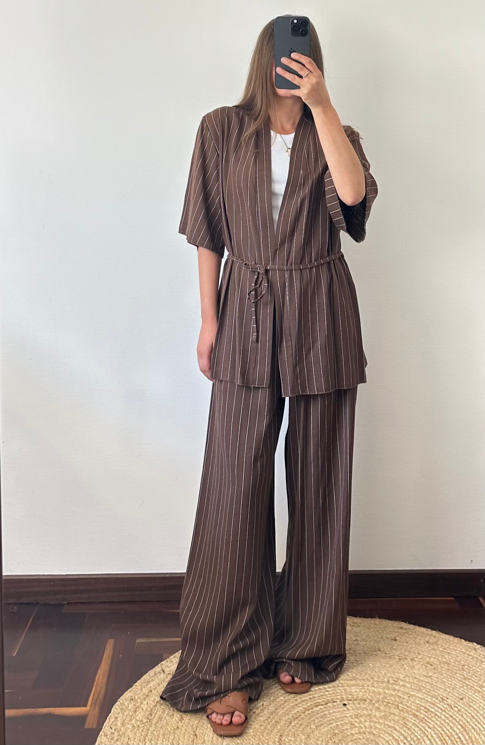 COORDINATO KIMONO misto lino marrone gessato