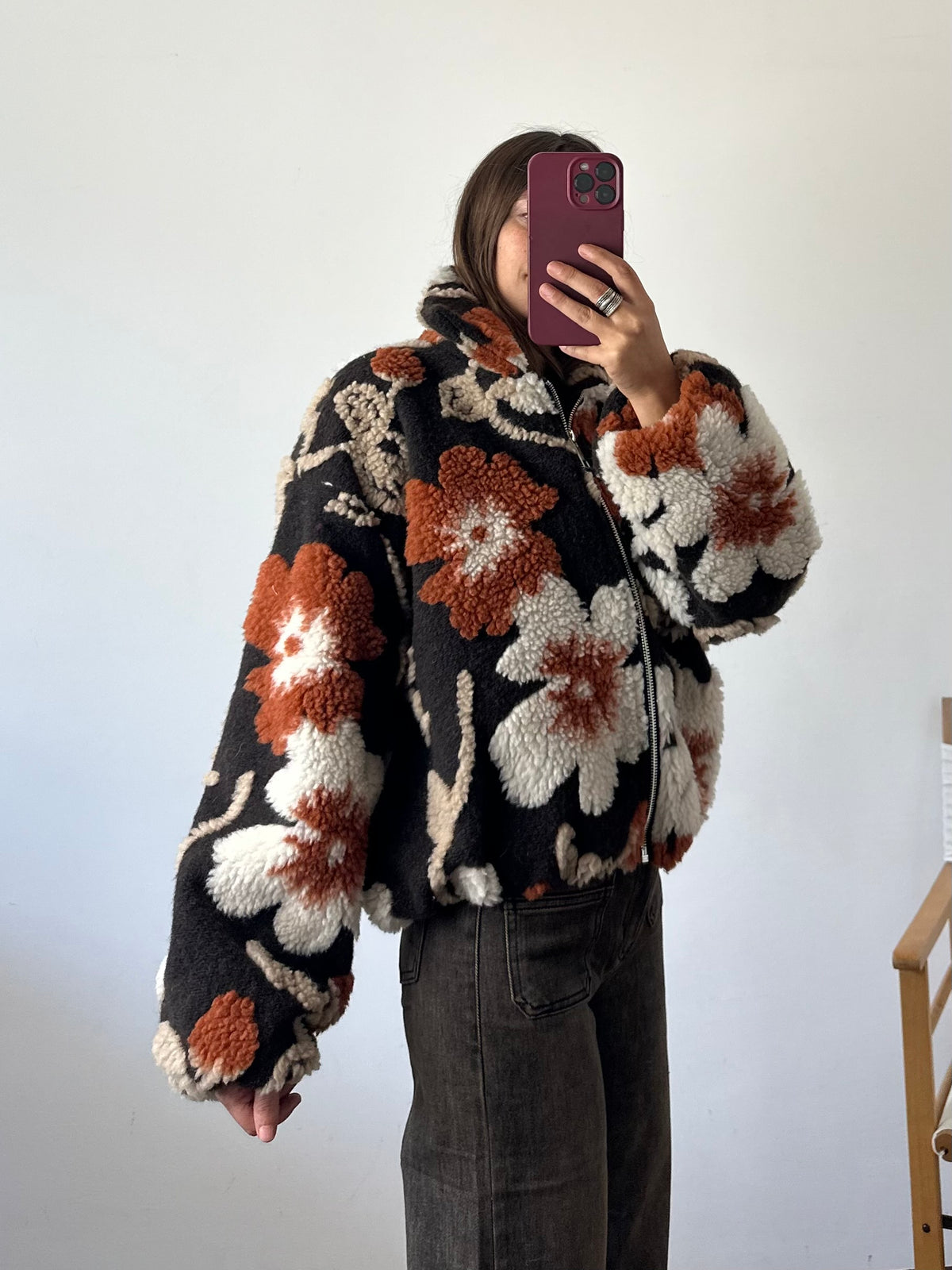 GIACCA PILE FIORE in RILIEVO ARANCIONE-MARRONE