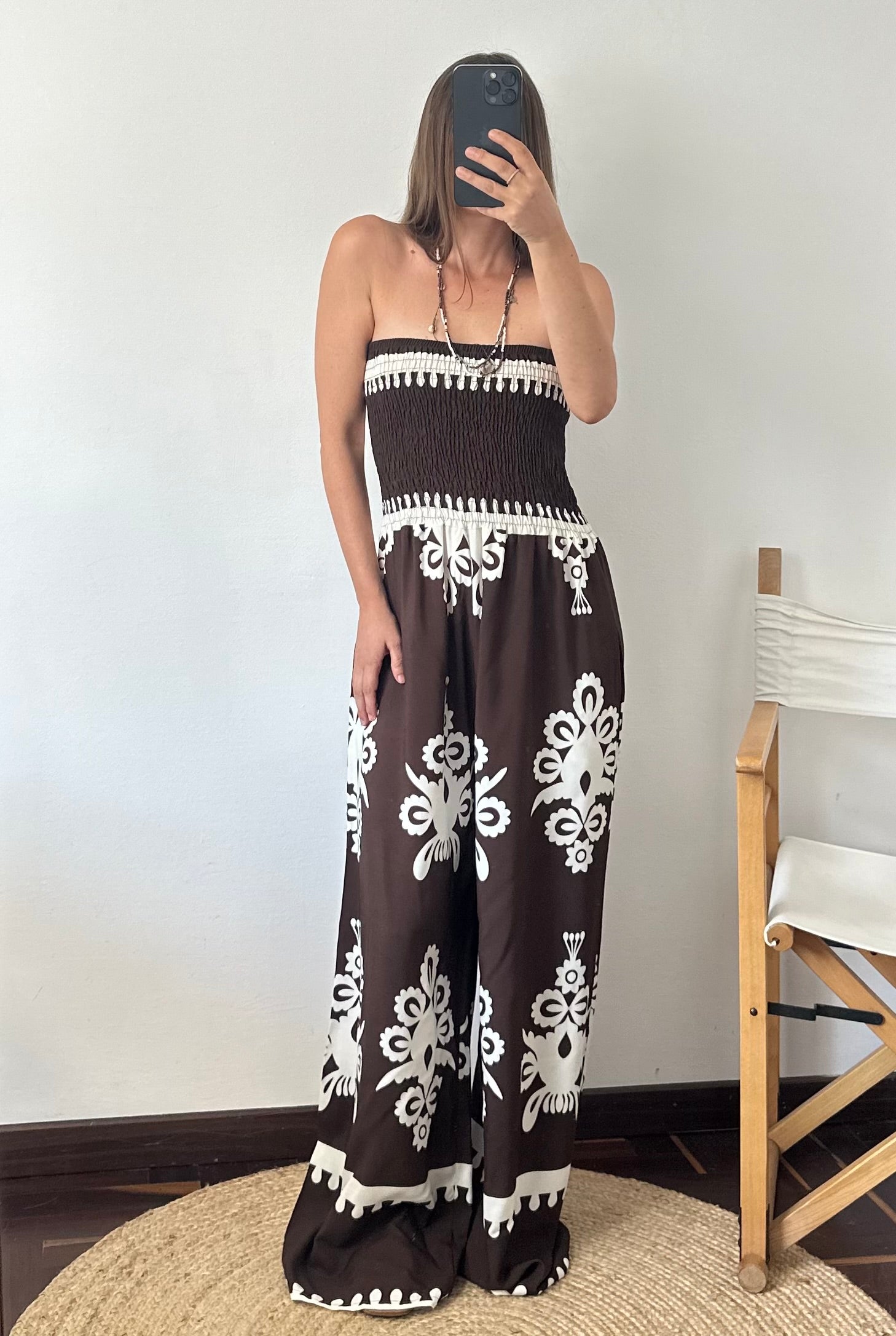 JUMPSUIT 100% VISCOSA STAMPA ETNICA MARRONE
