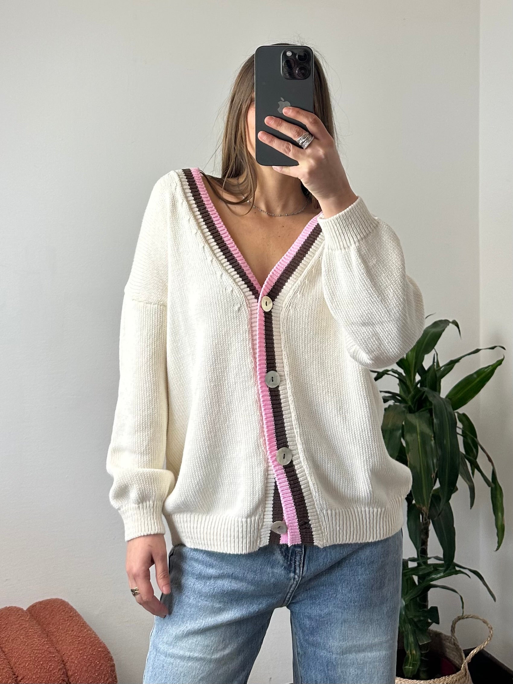 CARDIGAN SCOLLO A V misto cotone PANNA