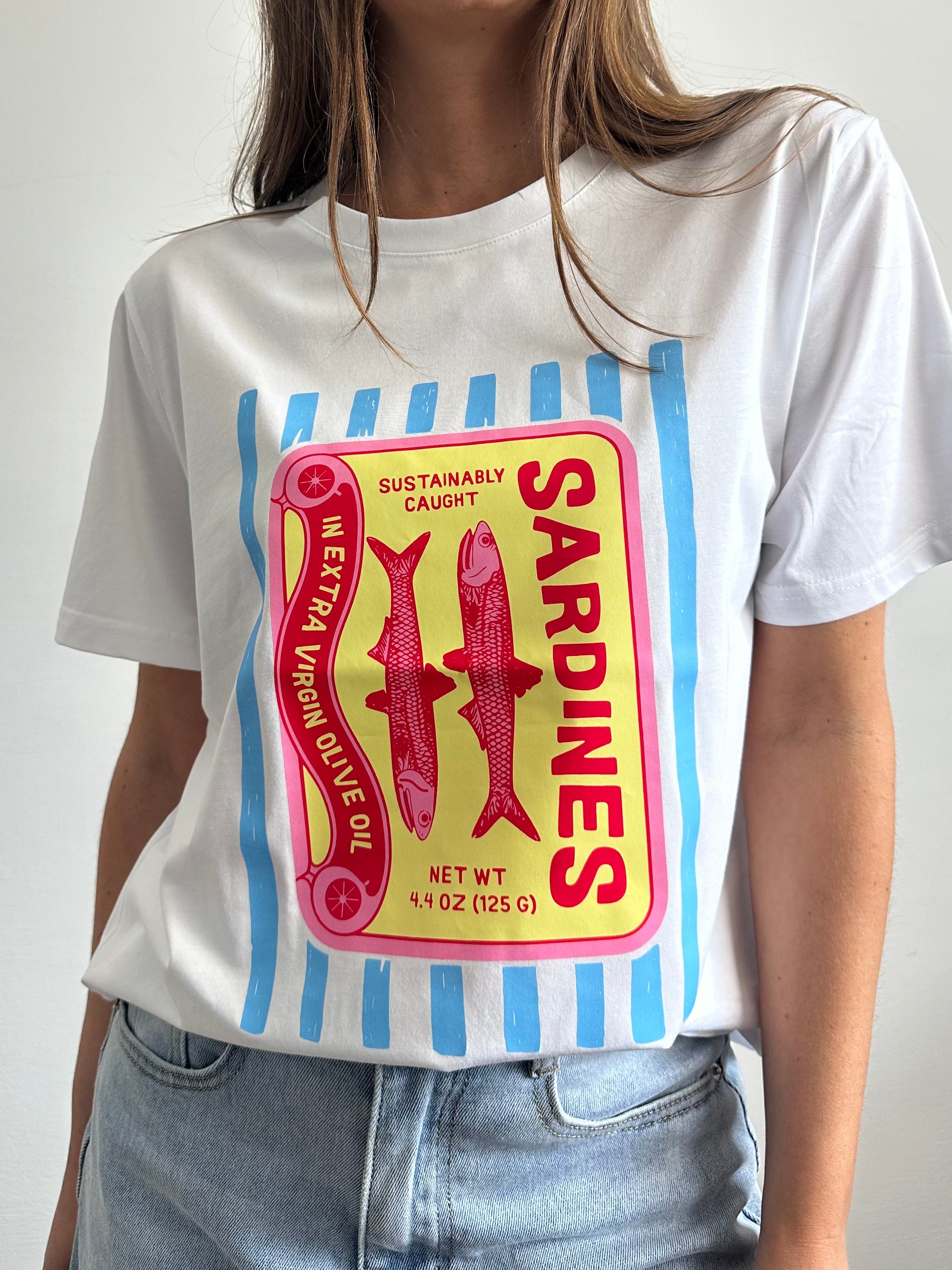 T-shirt in cotone “ Sardines” azzurra-gialla