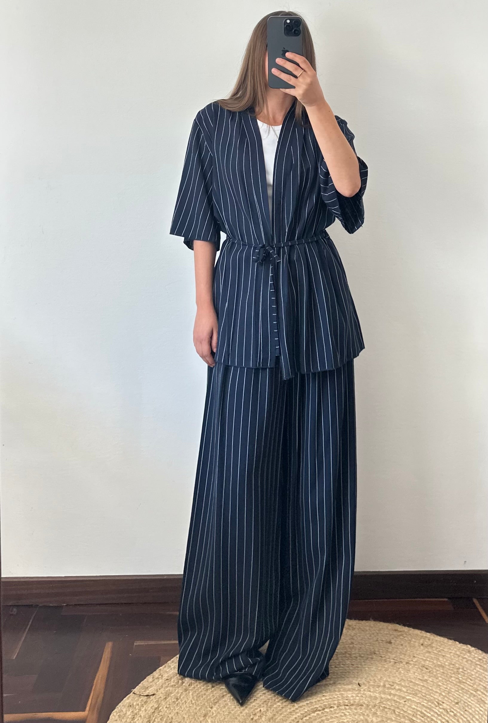 COORDINATO KIMONO misto lino blu gessato