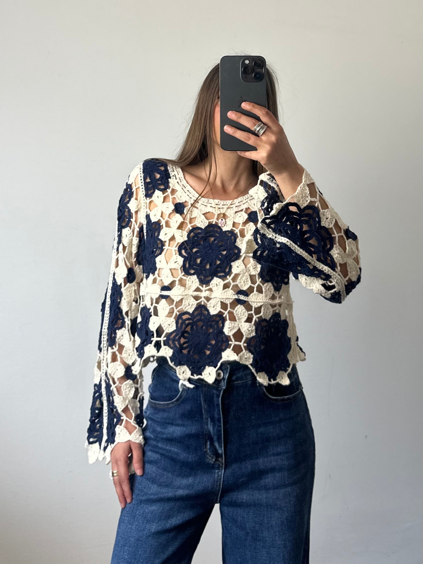 Maglia crochet crop fiore 100% cotone traforato