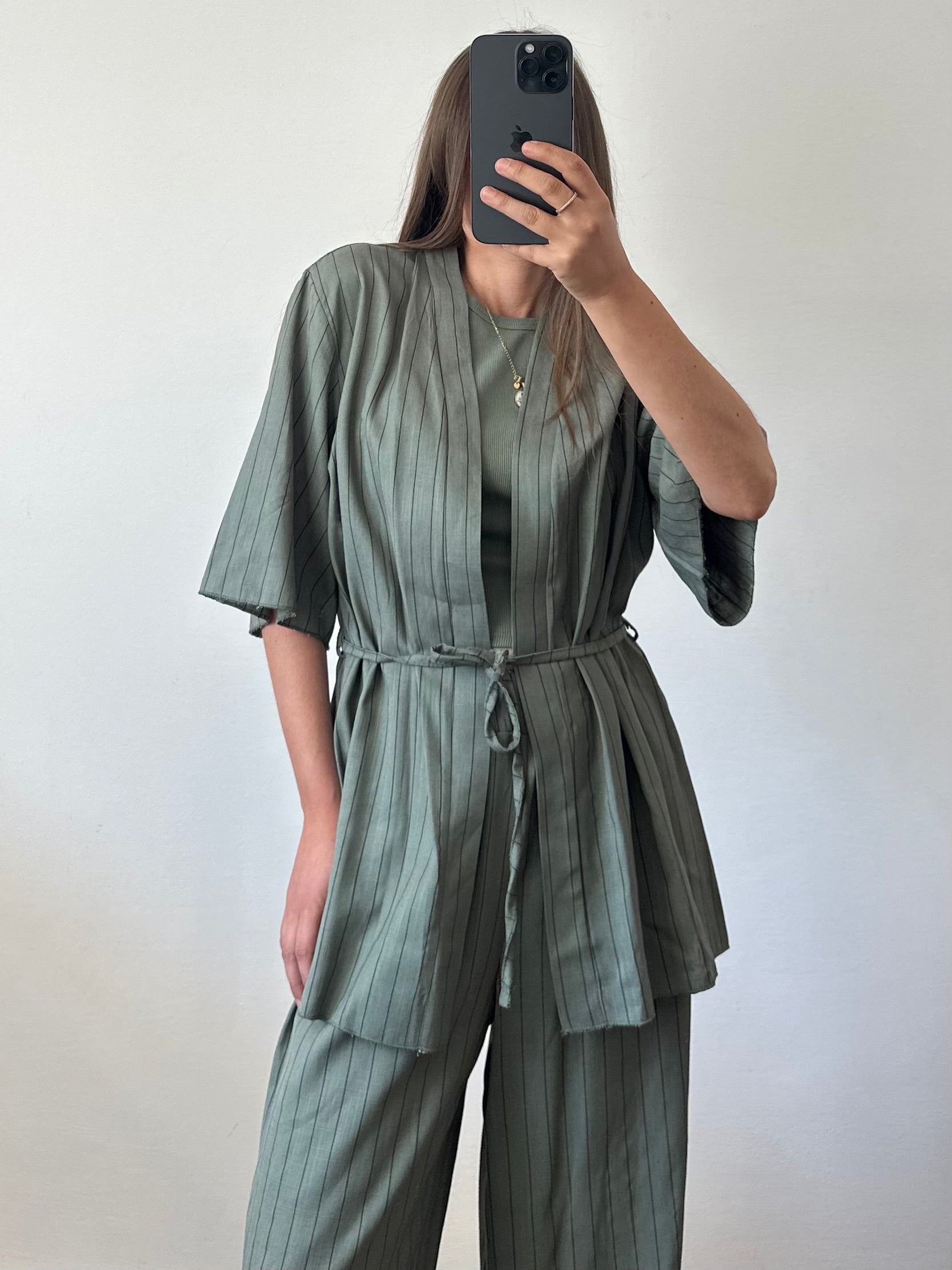 COORDINATO KIMONO misto lino verde gessato