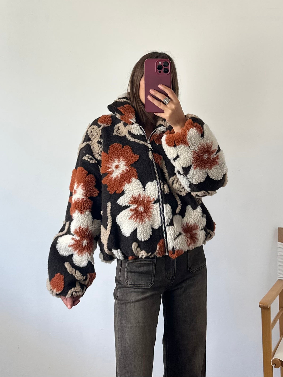 GIACCA PILE FIORE in RILIEVO ARANCIONE-MARRONE