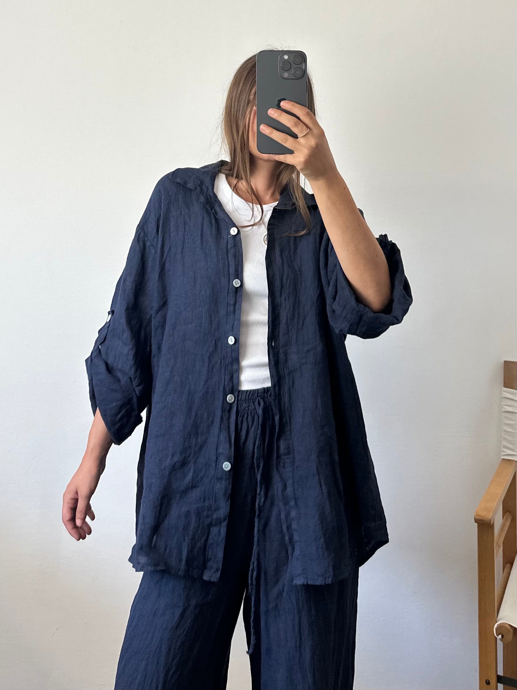 CAMICIA 100% puro LINO blu notte