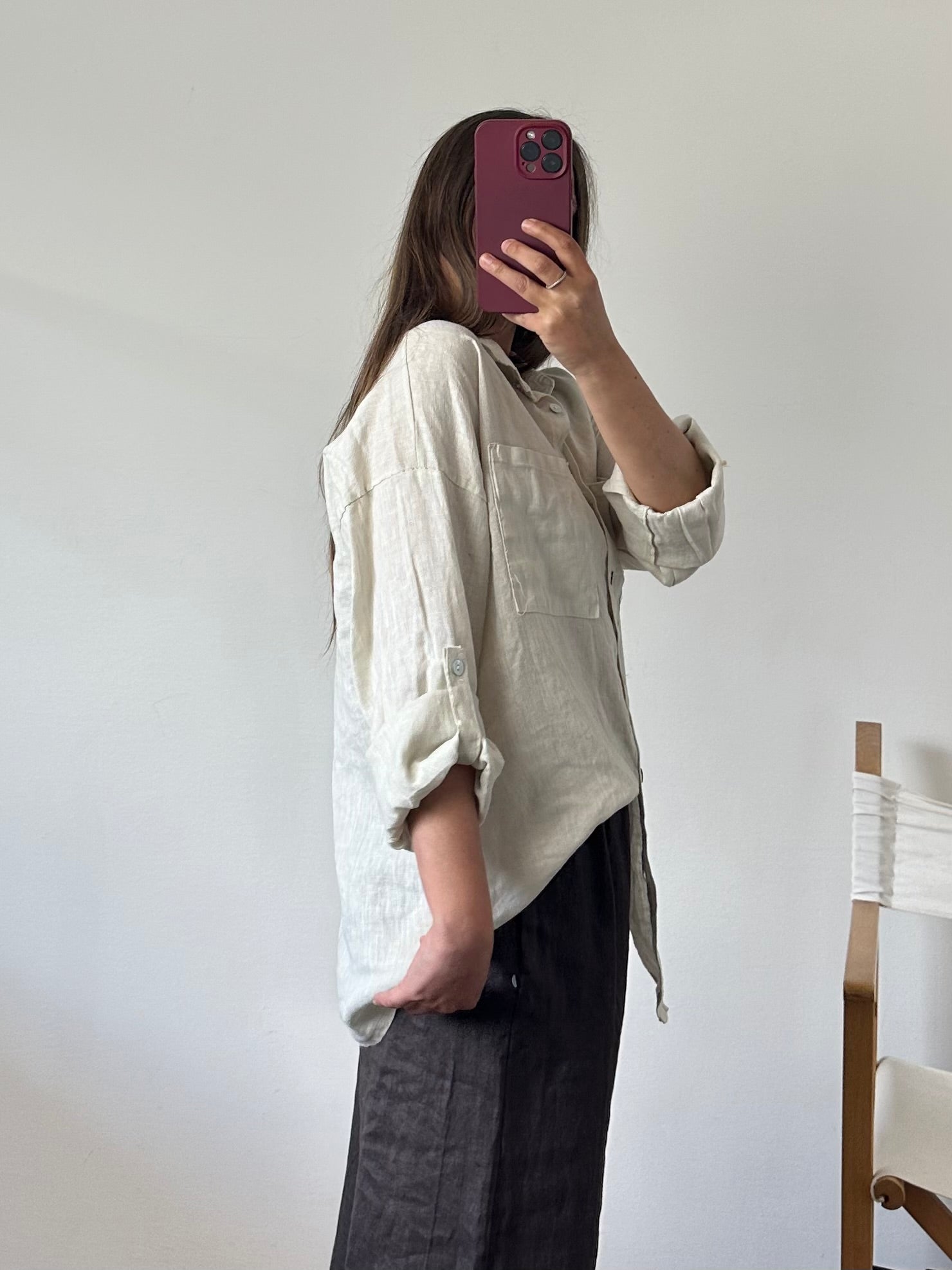 CAMICIA con taschino 100% puro LINO beige chiaro