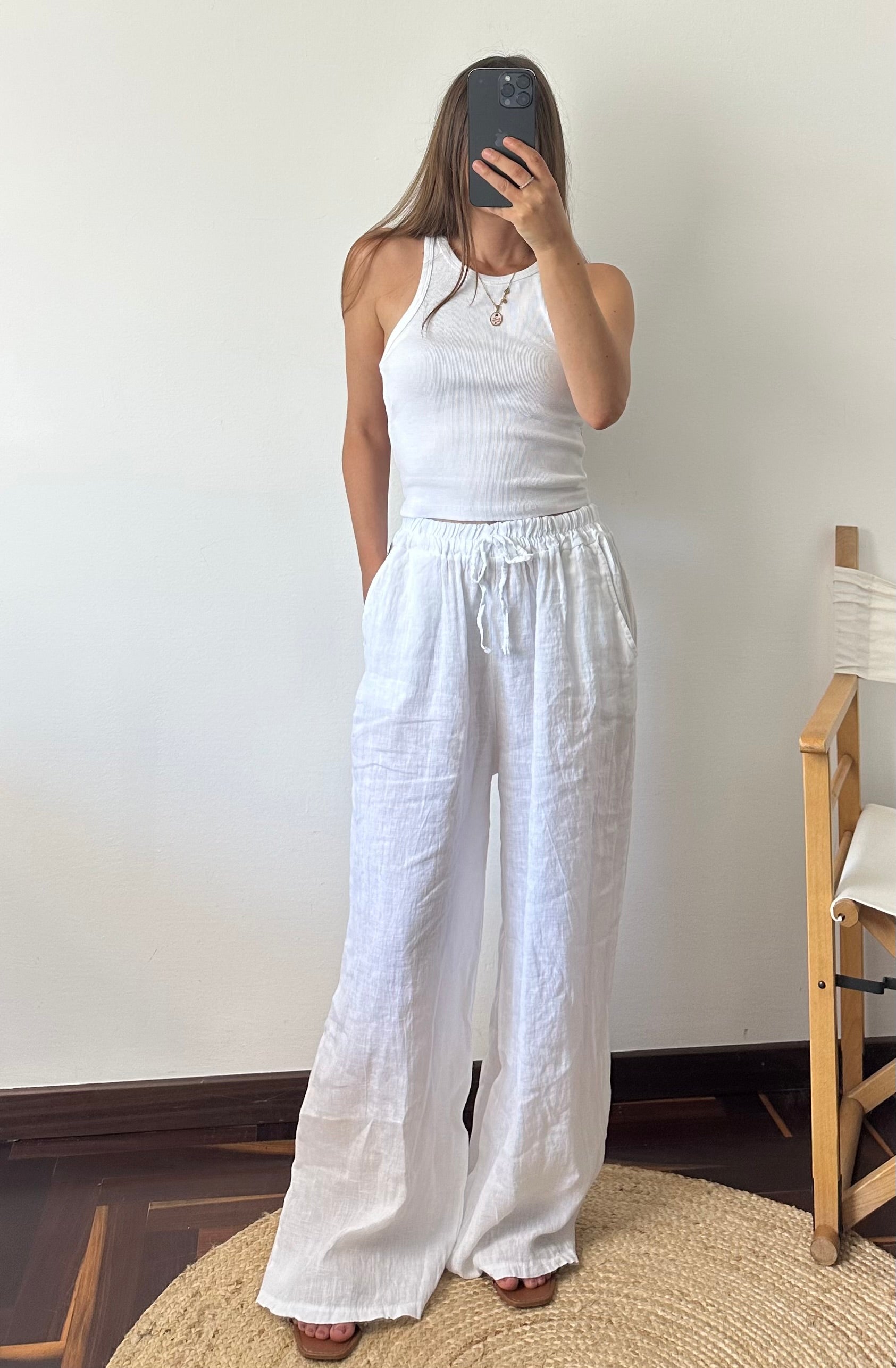PANTALONE con tasche 100% LINO BIanco