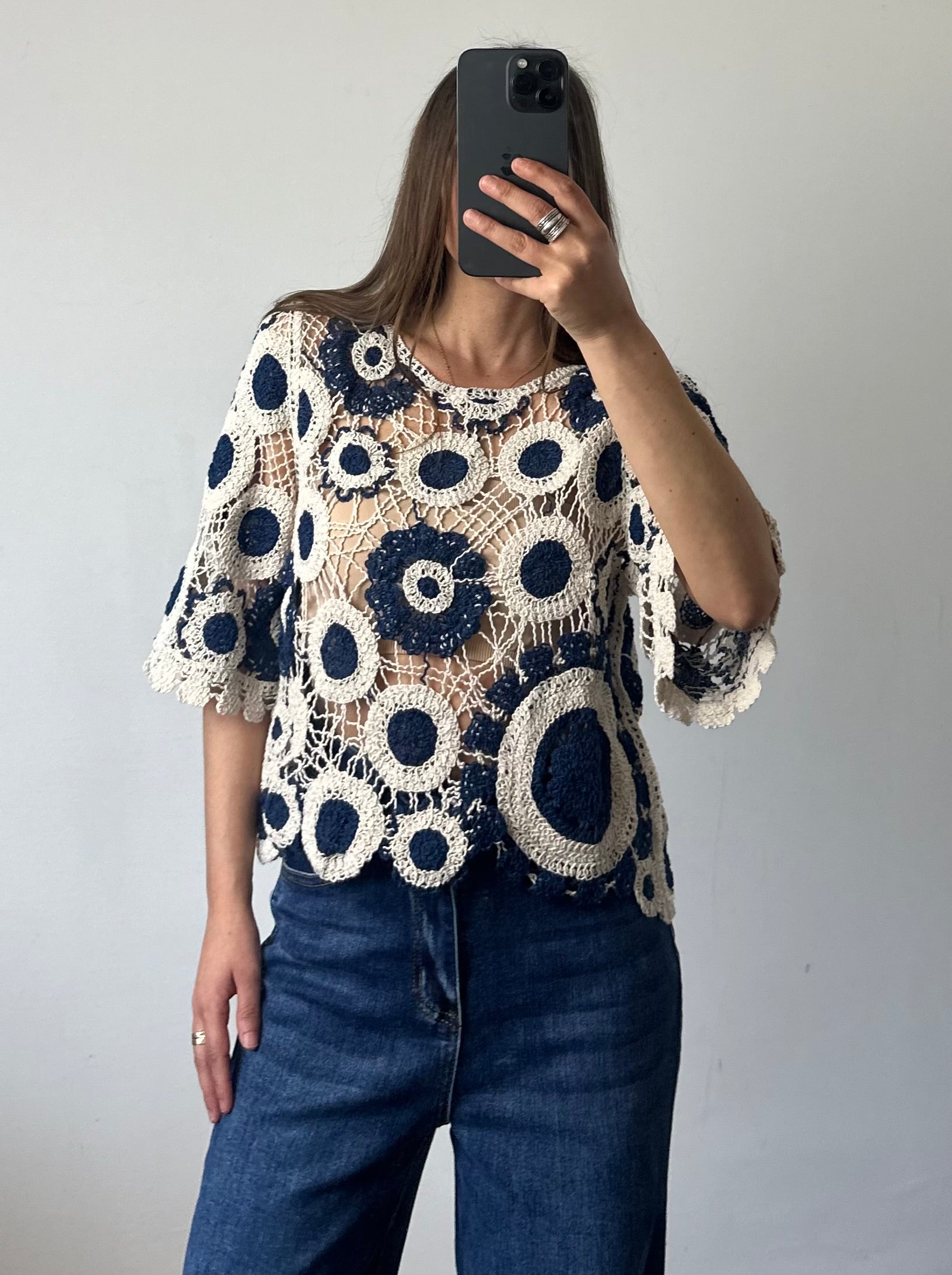 Maglia crochet crop cerchio 100% cotone traforato