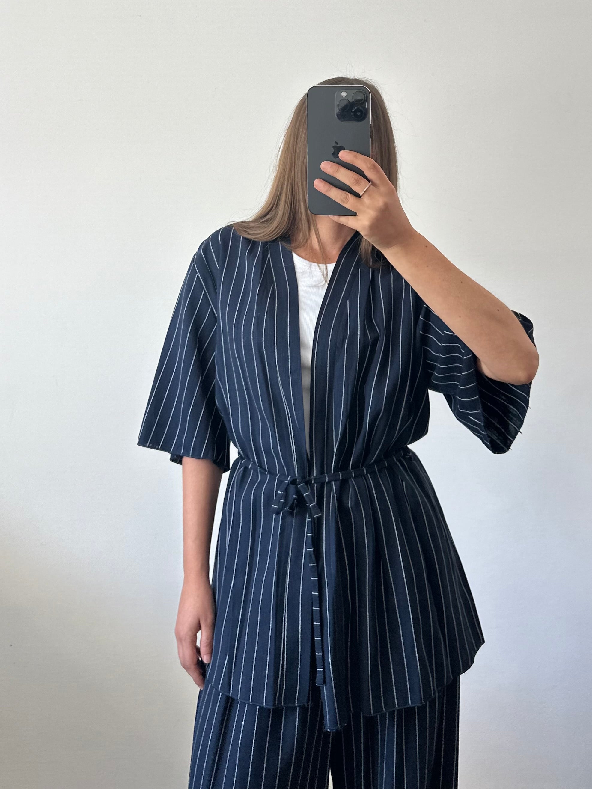 COORDINATO KIMONO misto lino blu gessato