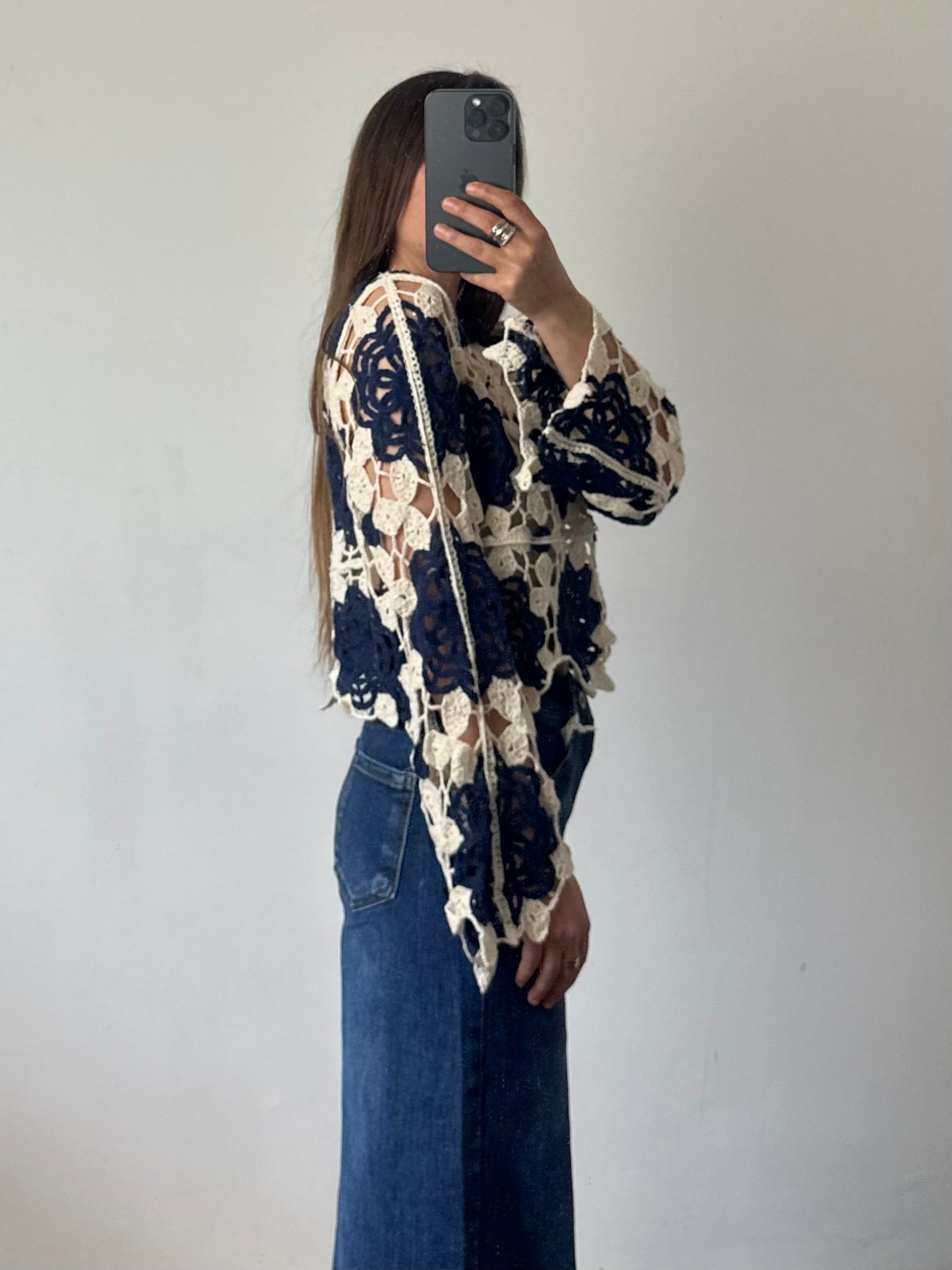 Maglia crochet crop fiore 100% cotone traforato