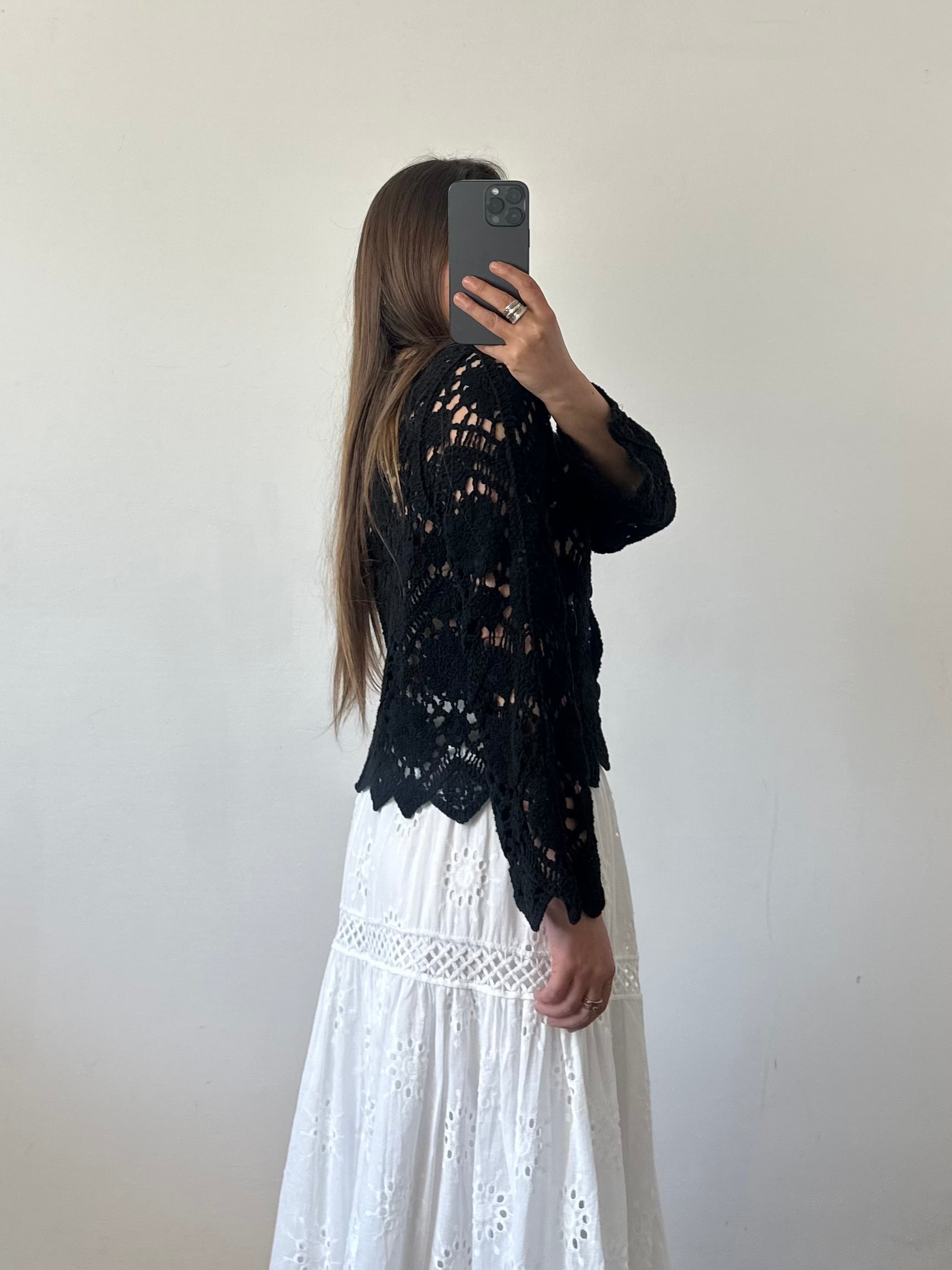 Cardigan crochet 100% cotone traforato nero