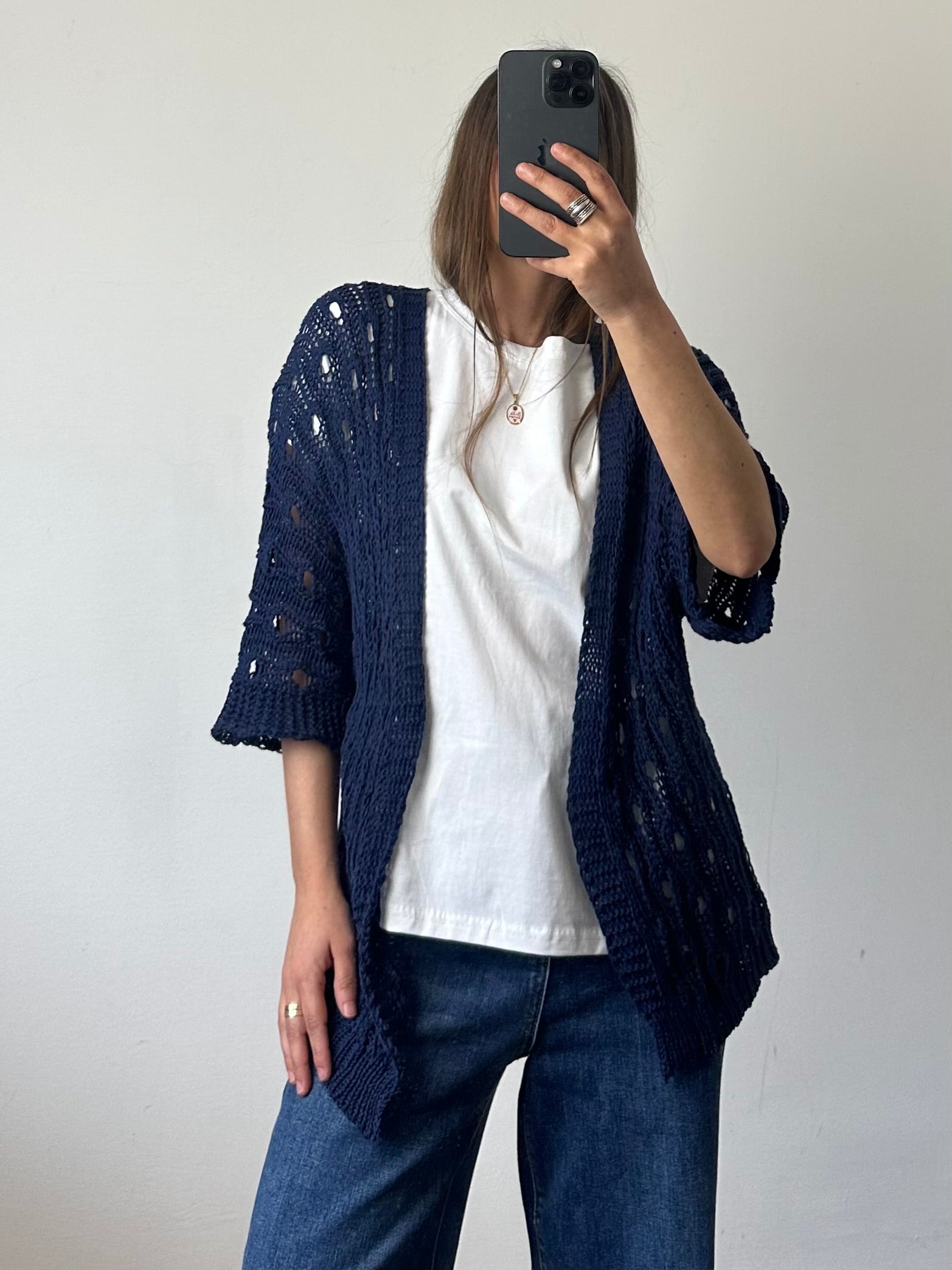 Cardigan crochet 100% cotone traforato aperto blu