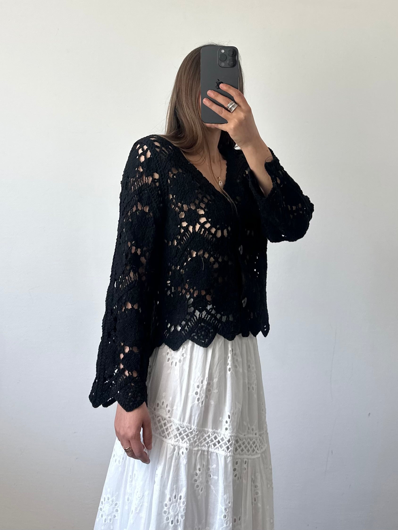 Cardigan crochet 100% cotone traforato nero