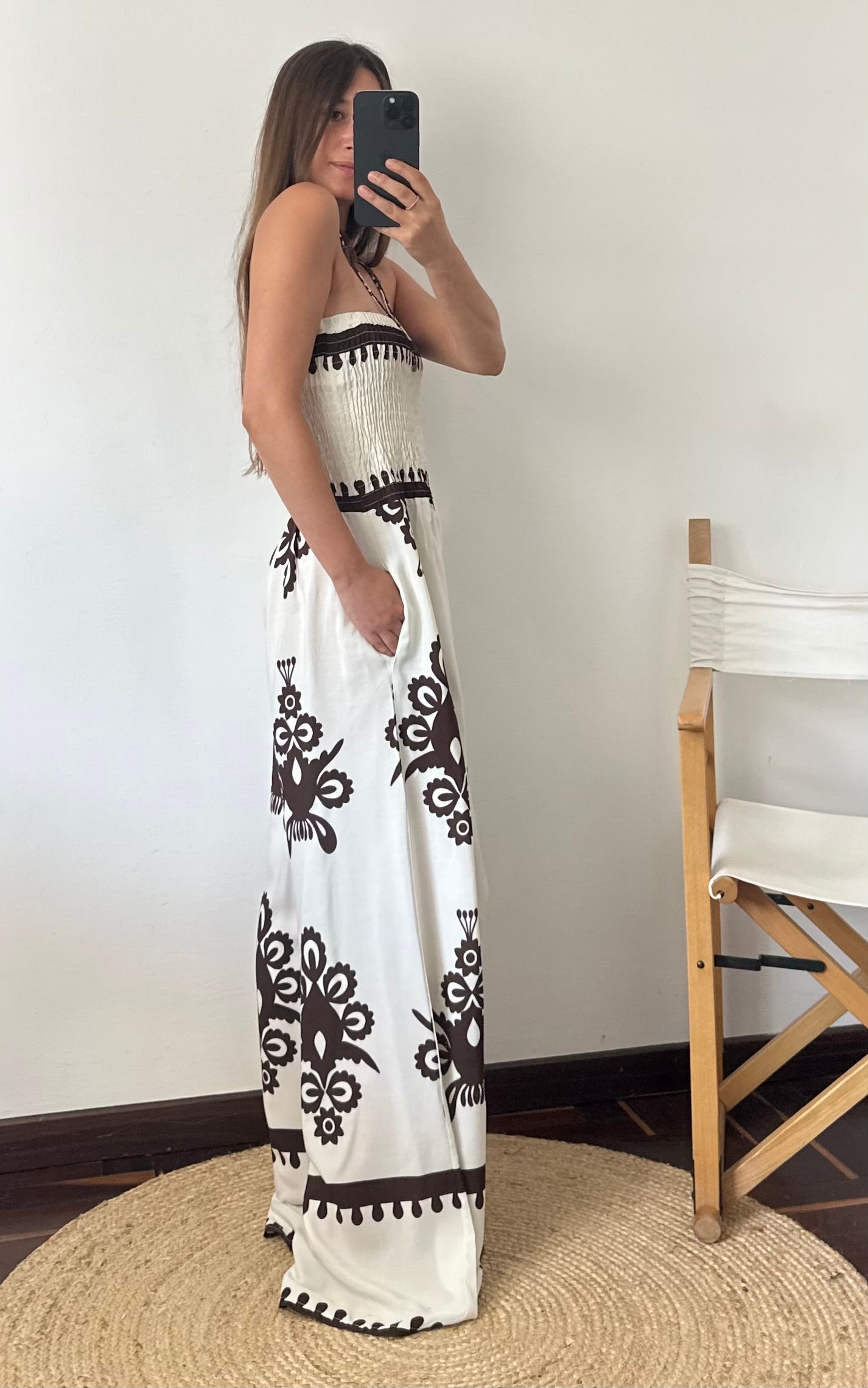 JUMPSUIT 100% VISCOSA STAMPA ETNICA bianca-marrone