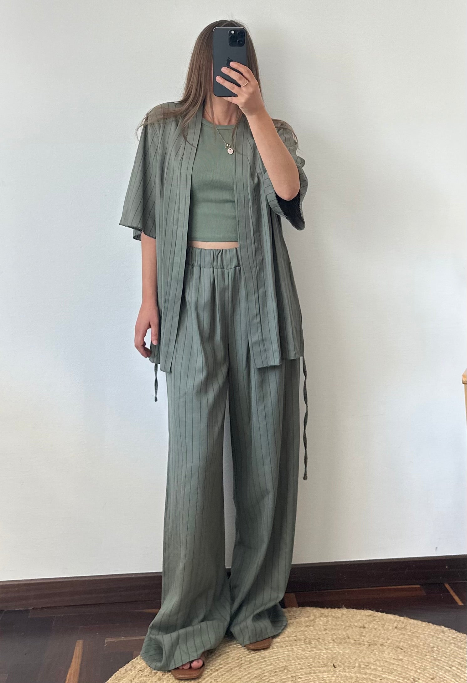 COORDINATO KIMONO misto lino verde gessato