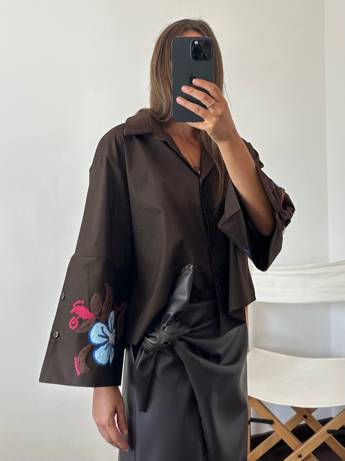 CAMICIA RICAMATA in COTONE MARRONE