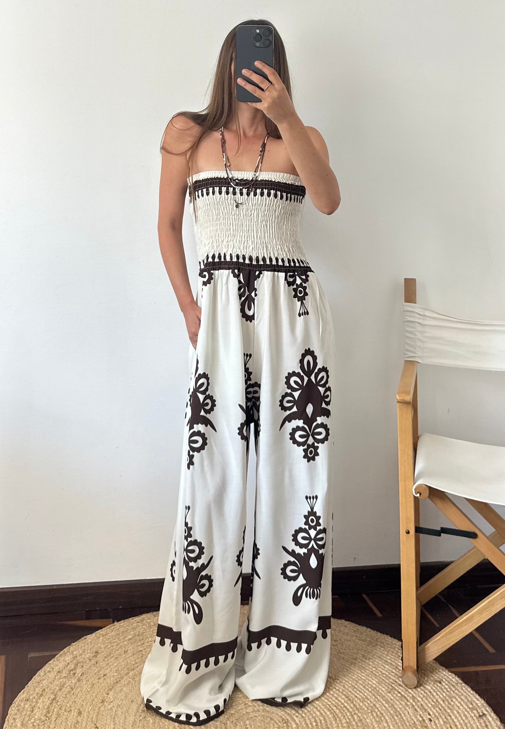 JUMPSUIT 100% VISCOSA STAMPA ETNICA bianca-marrone