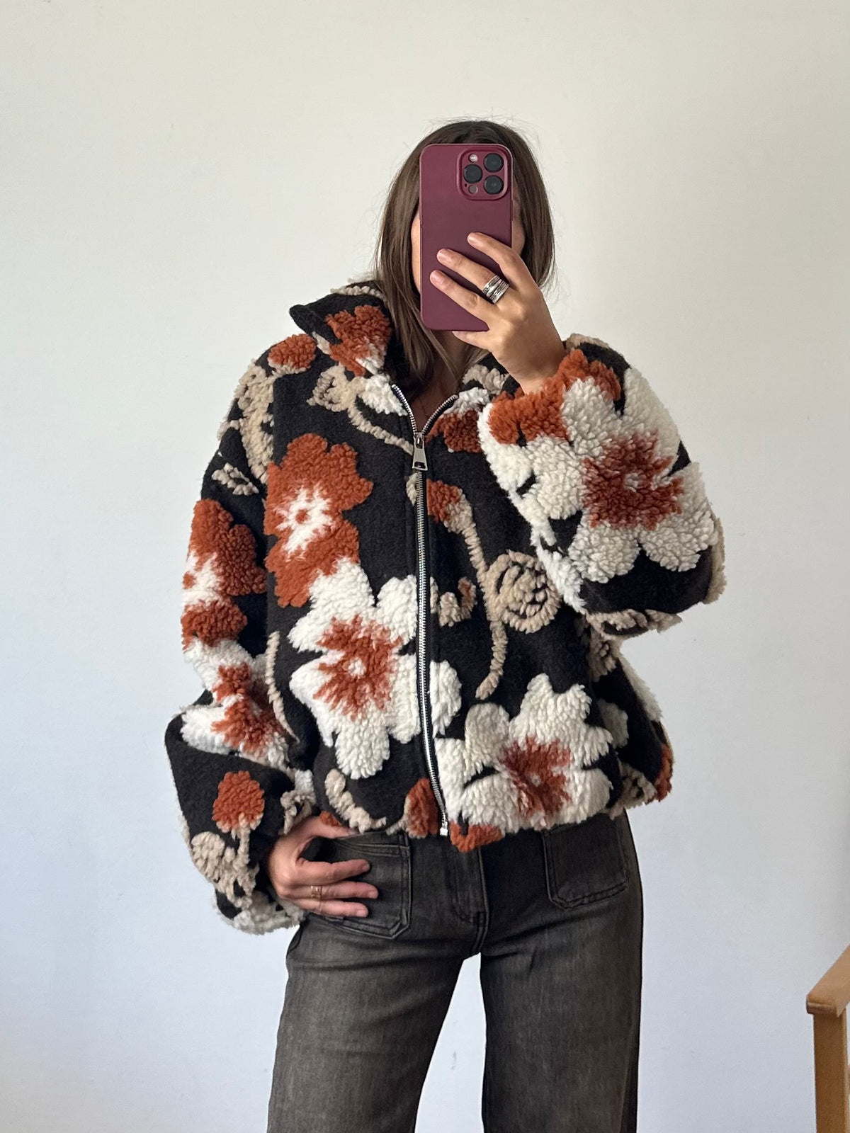 GIACCA PILE FIORE in RILIEVO ARANCIONE-MARRONE