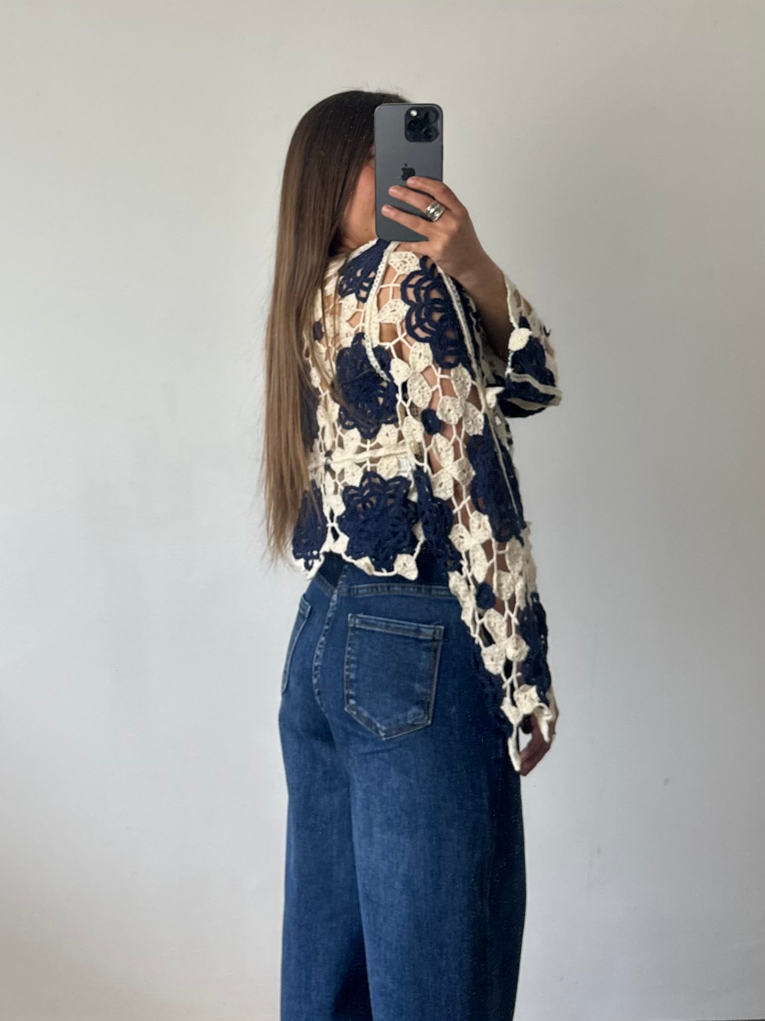 Maglia crochet crop fiore 100% cotone traforato