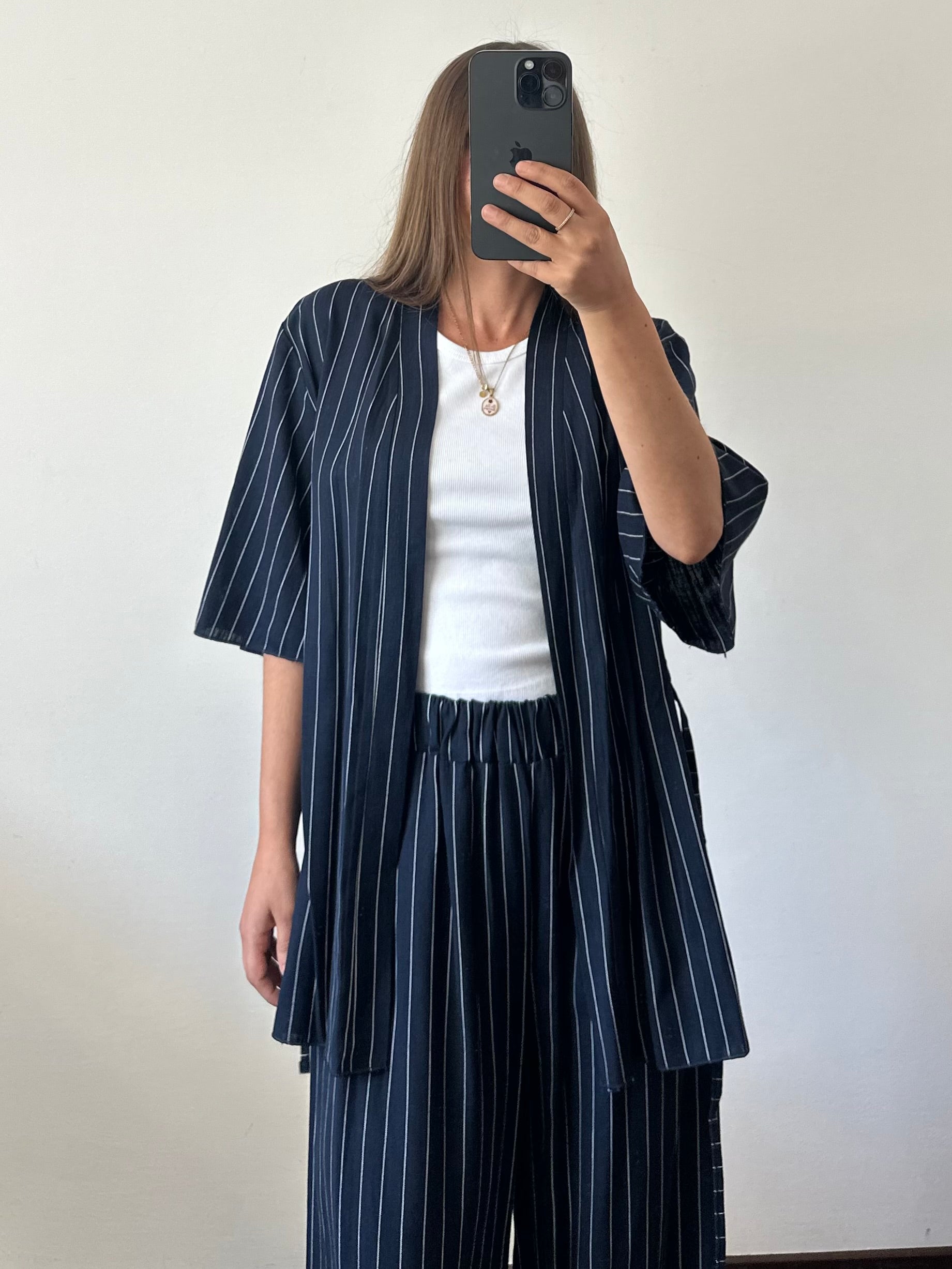 COORDINATO KIMONO misto lino blu gessato