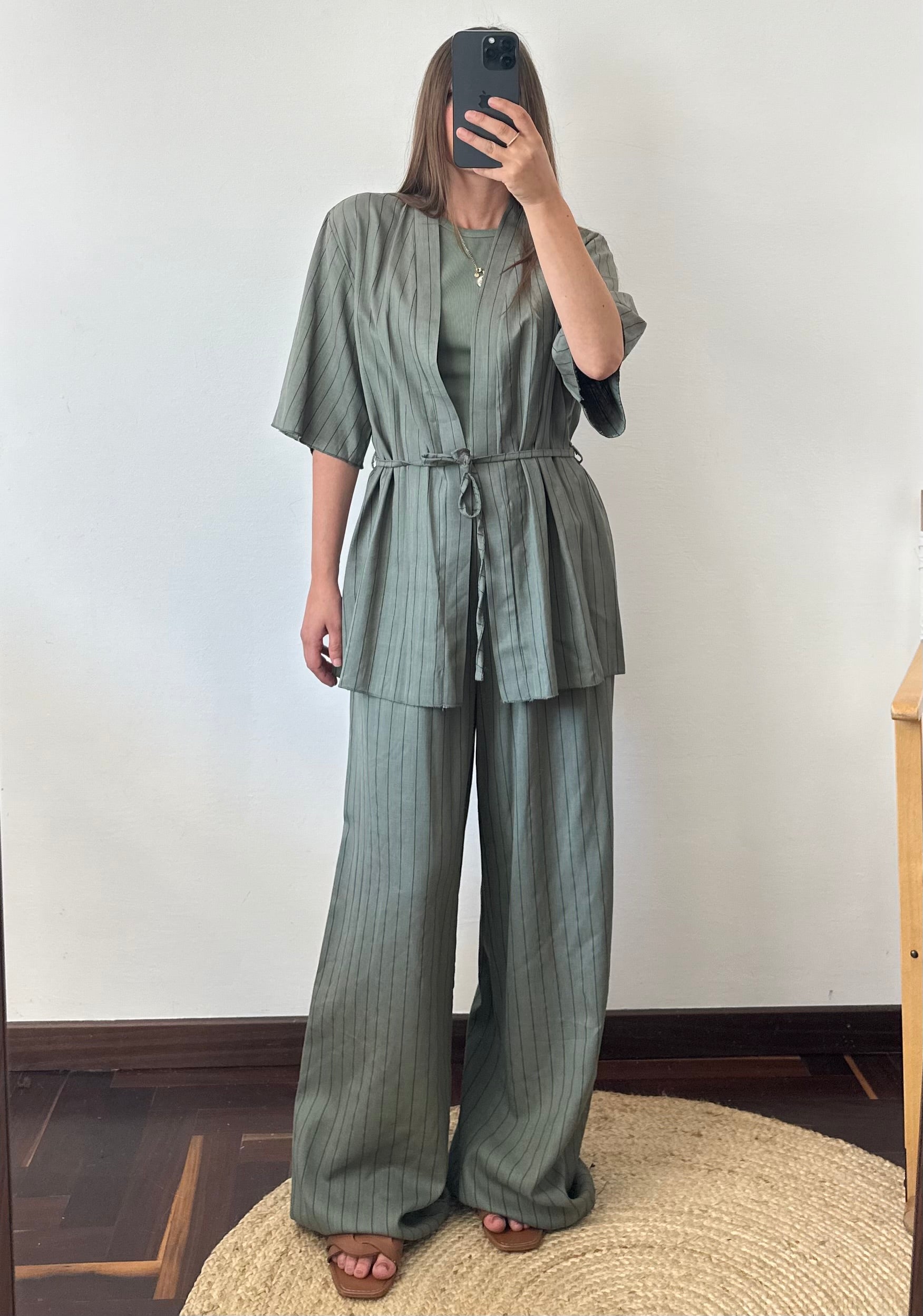 COORDINATO KIMONO misto lino verde gessato