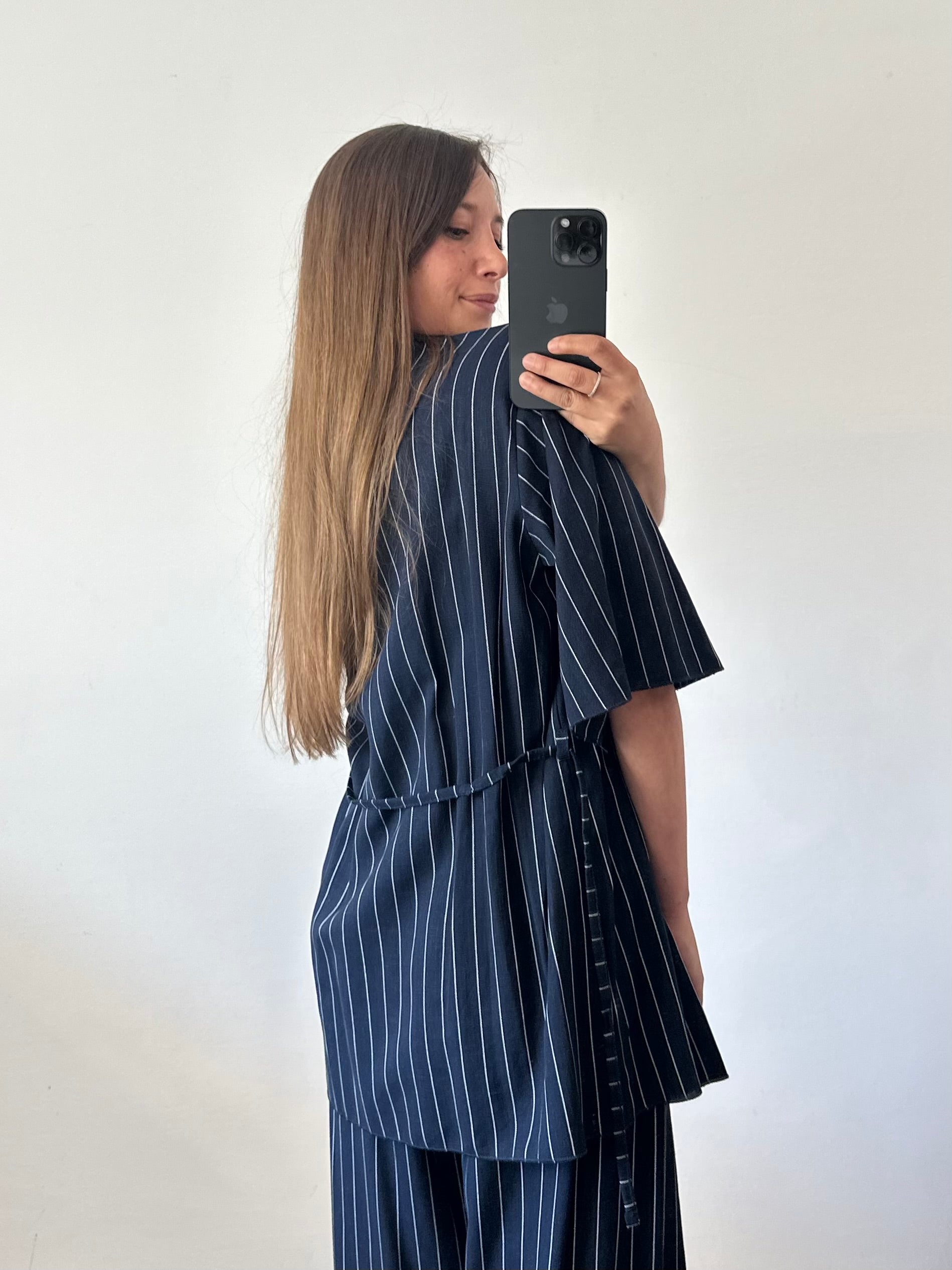 COORDINATO KIMONO misto lino blu gessato