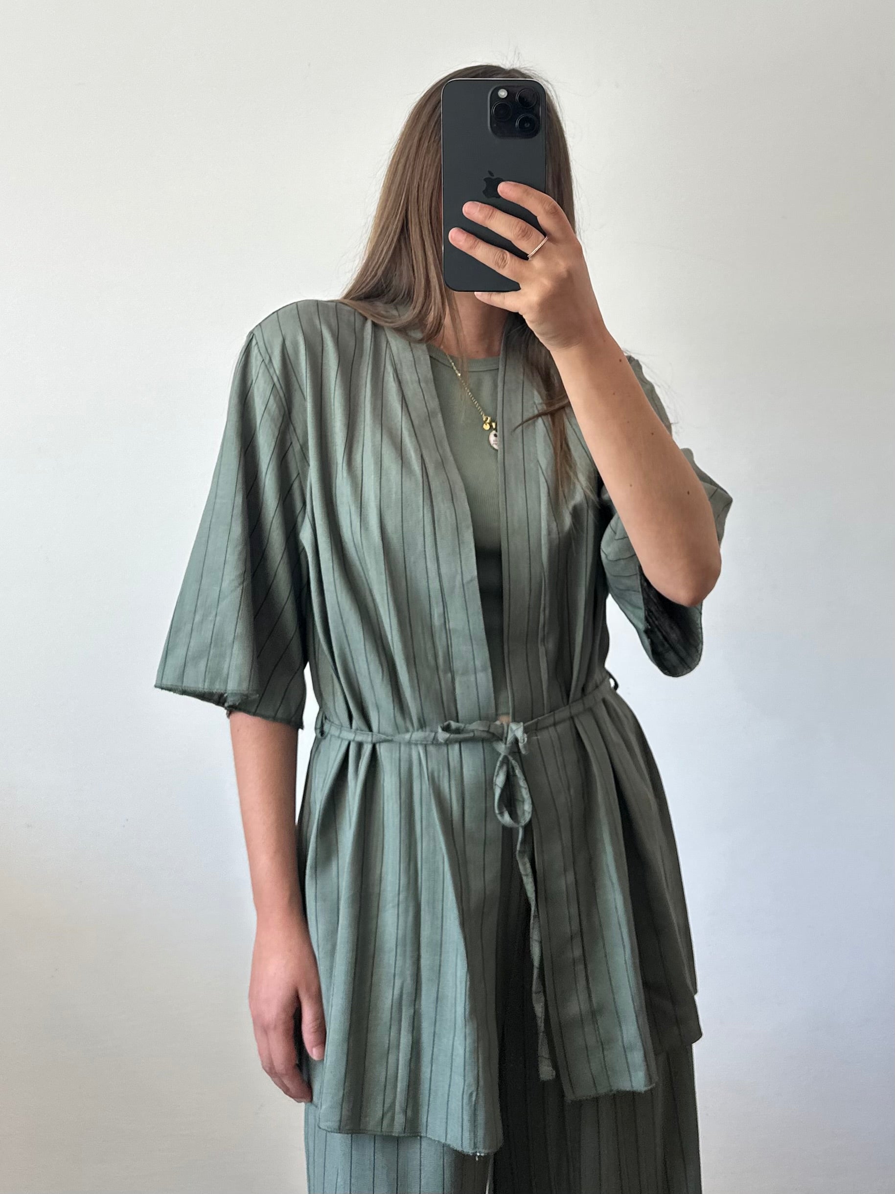 COORDINATO KIMONO misto lino verde gessato