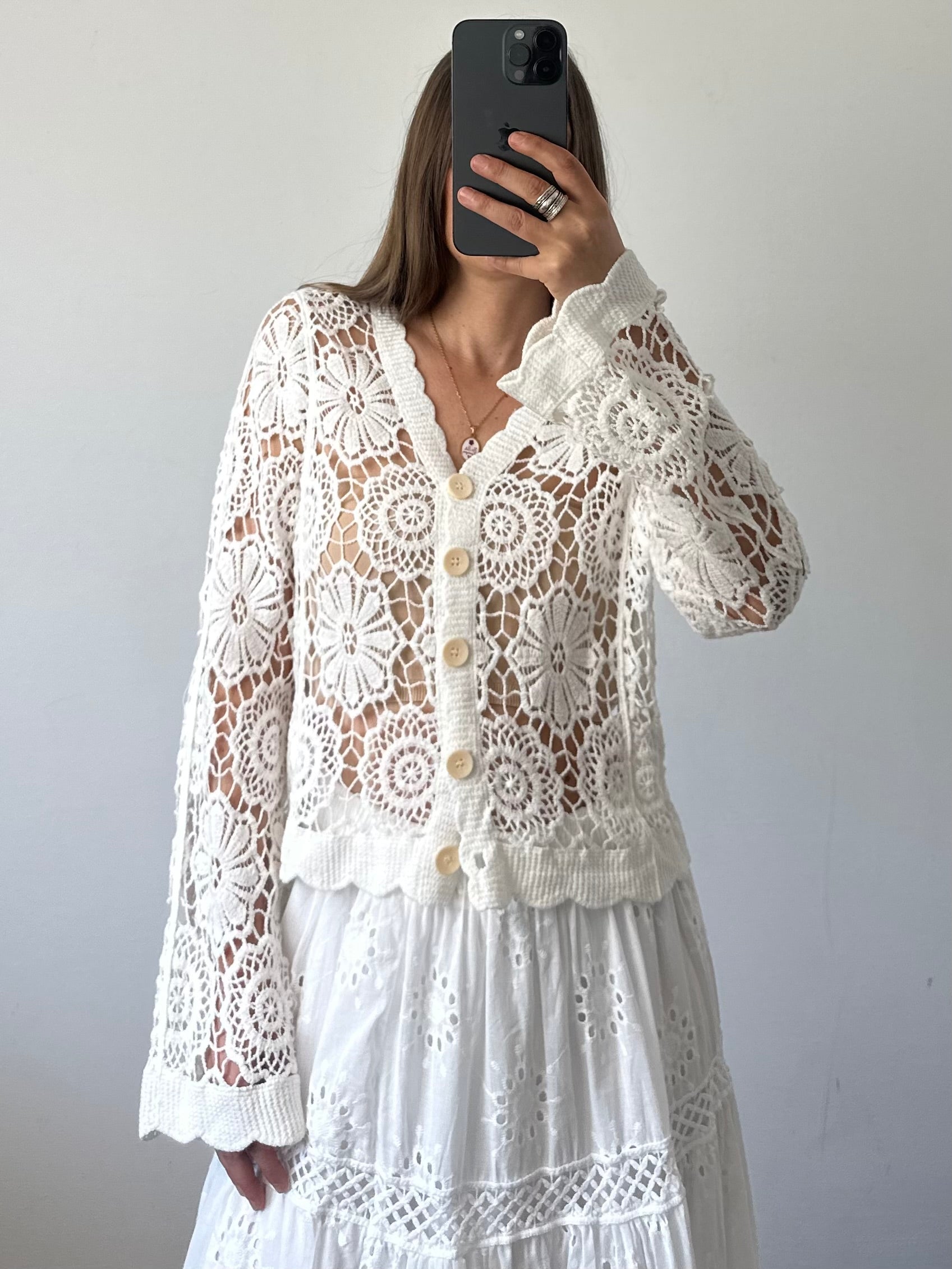 Cardigan crochet 100% cotone traforato bianco