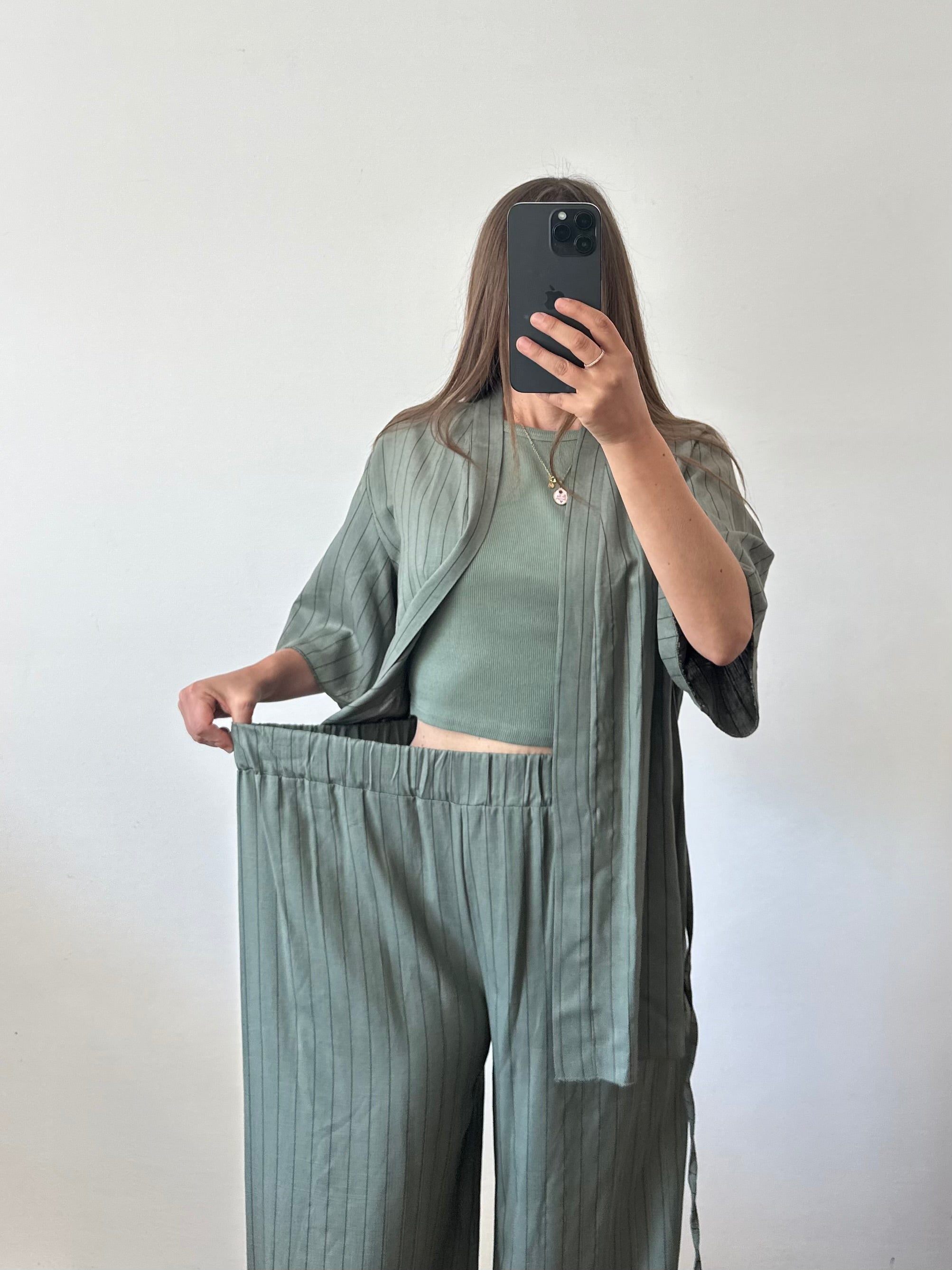 COORDINATO KIMONO misto lino verde gessato