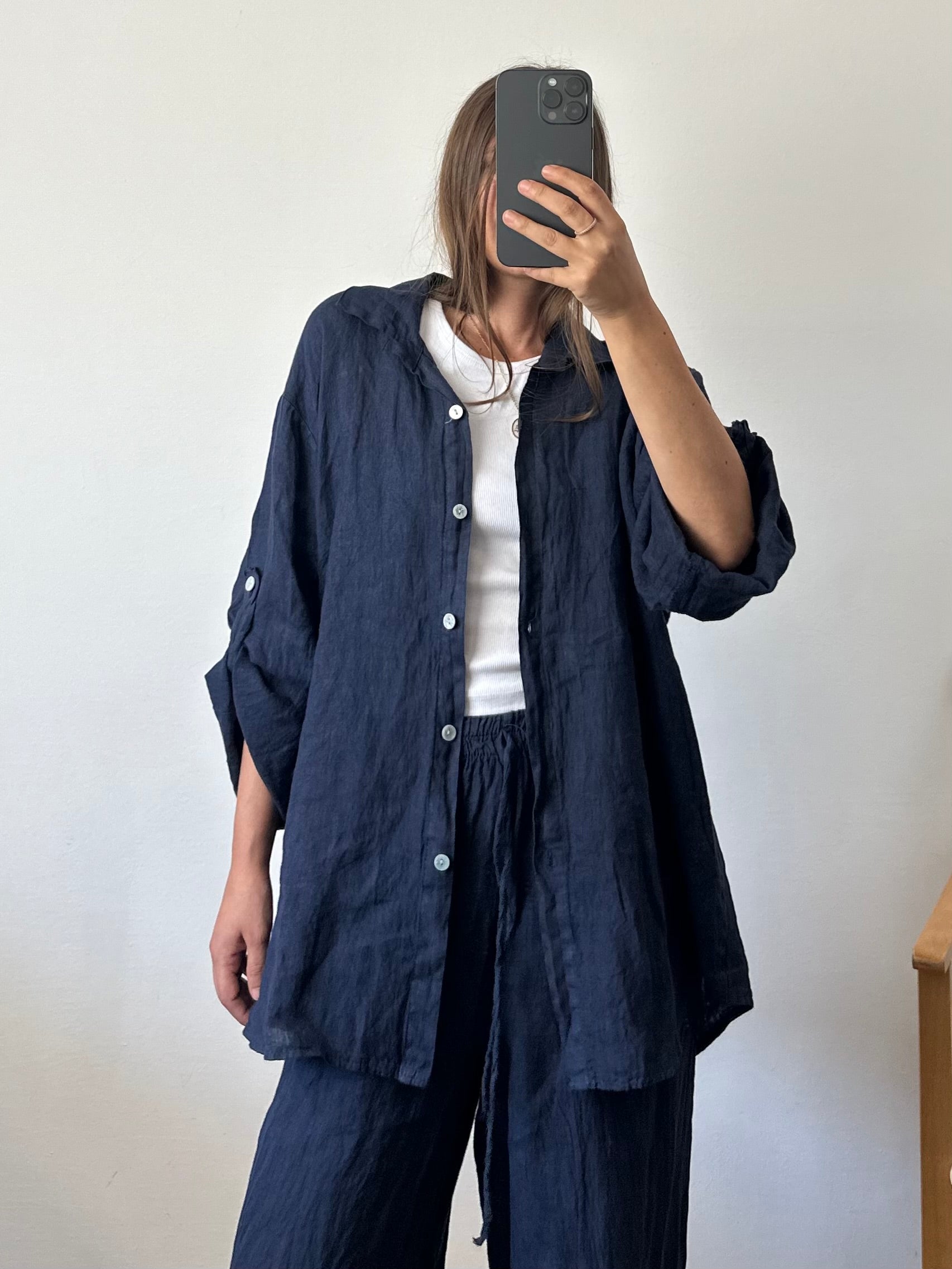 CAMICIA 100% puro LINO blu notte