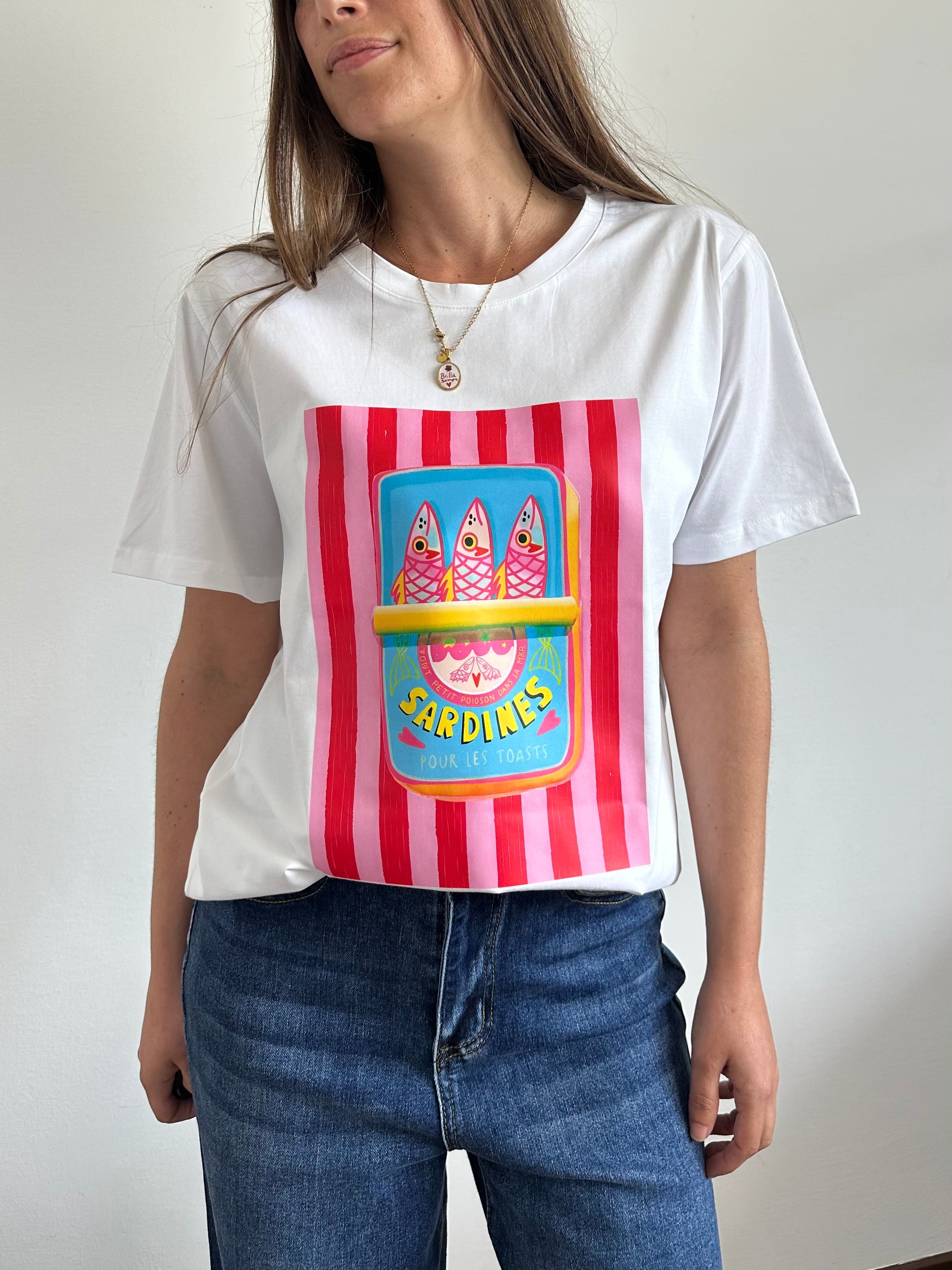 T-shirt in cotone “ sardines “ rosso-rosa