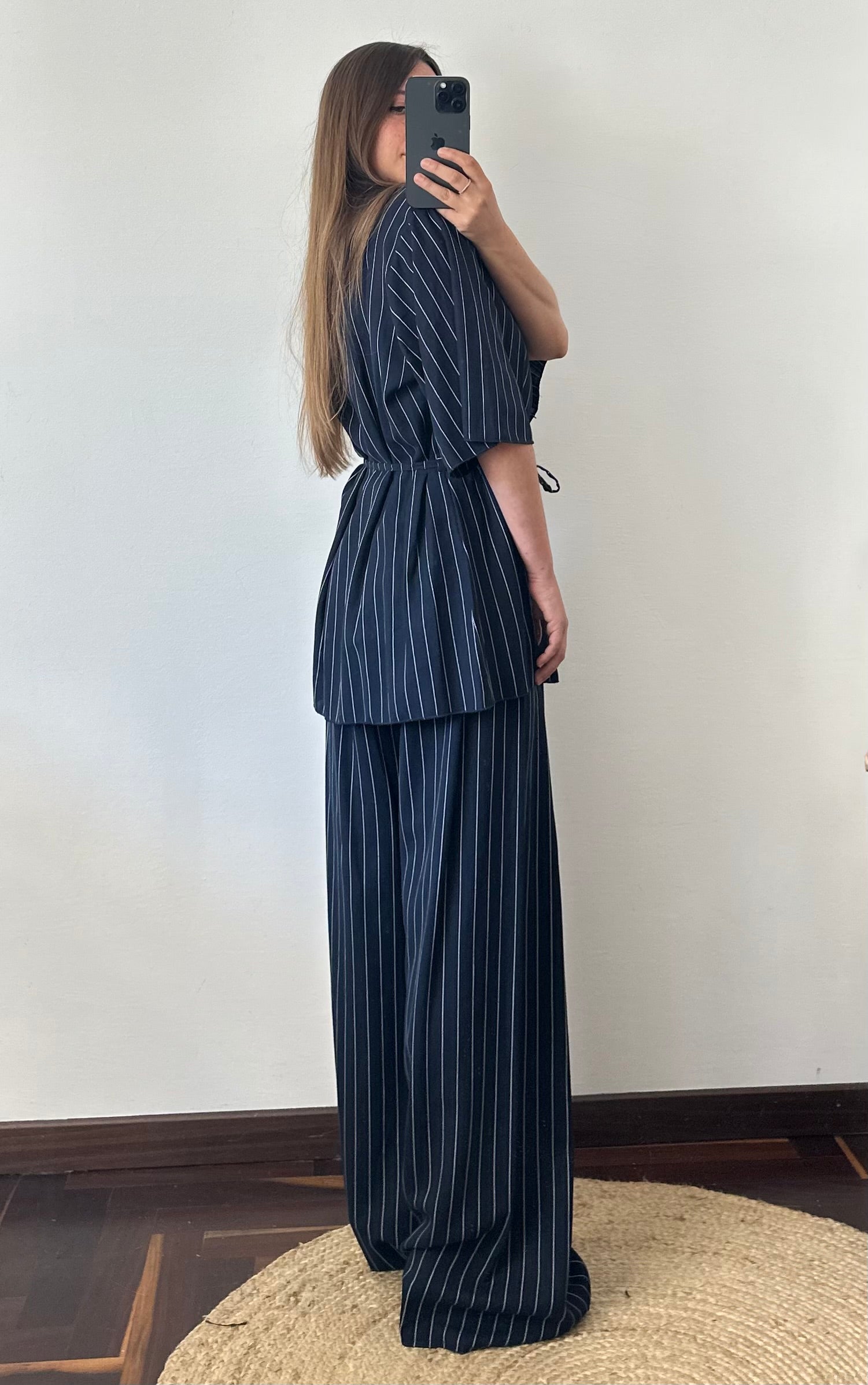 COORDINATO KIMONO misto lino blu gessato