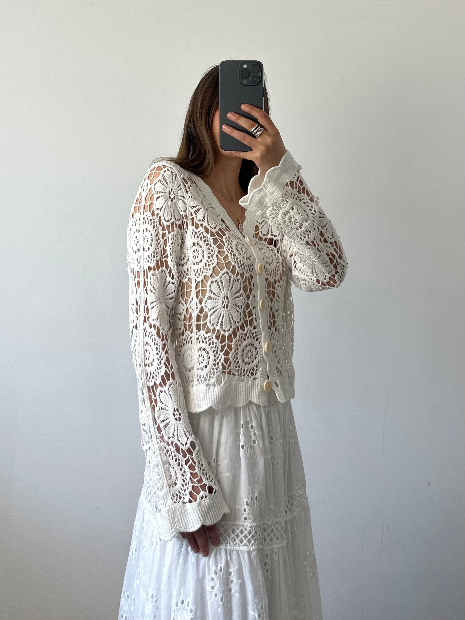 Cardigan crochet 100% cotone traforato bianco