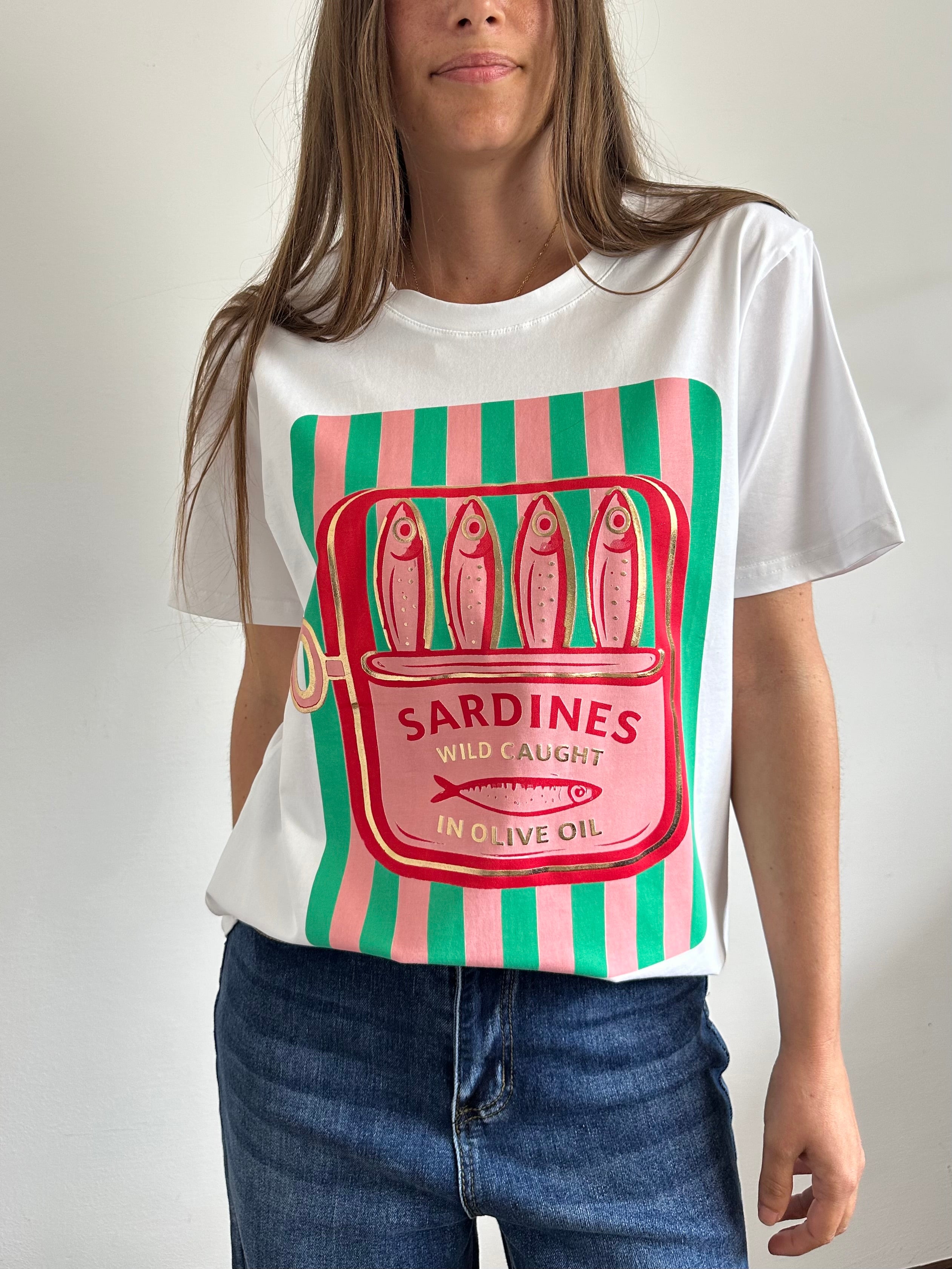 T-shirt in cotone “ sardines “ verde-rosa