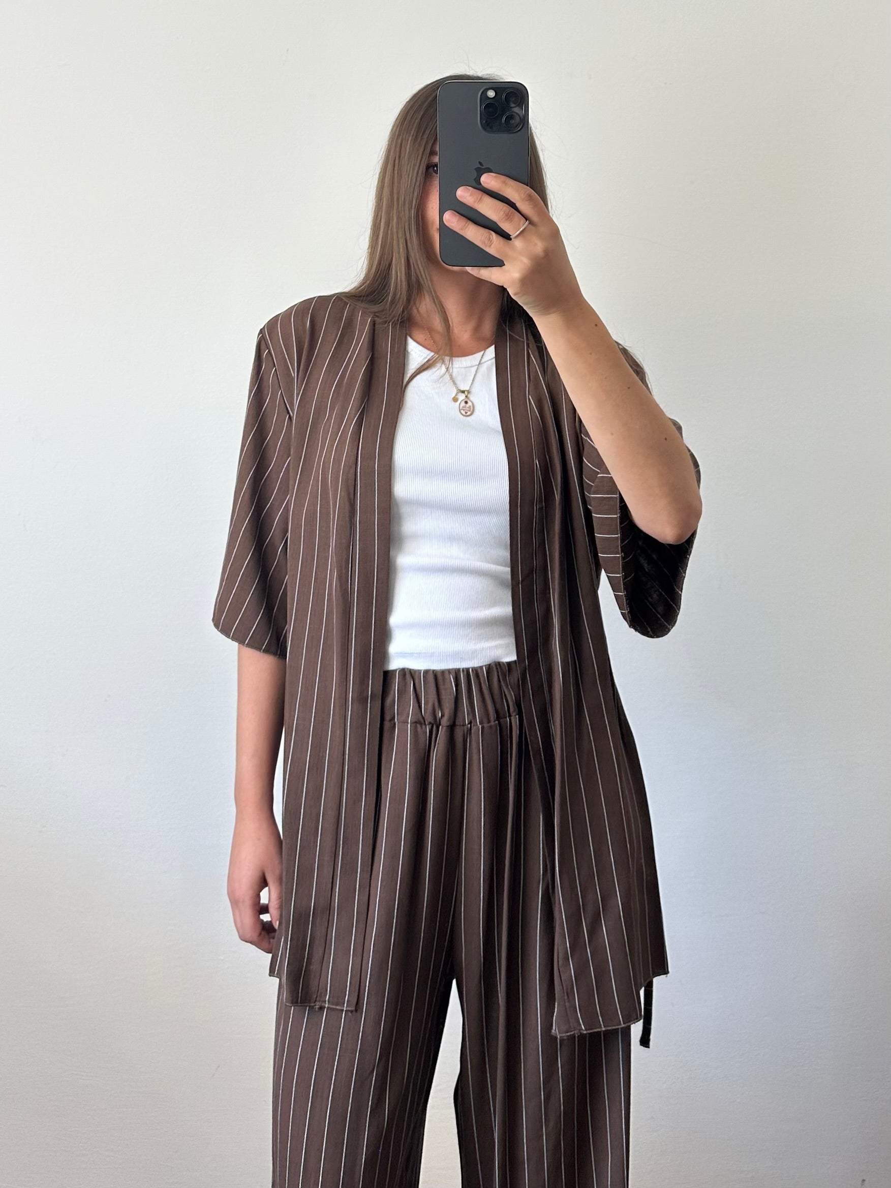 COORDINATO KIMONO misto lino marrone gessato