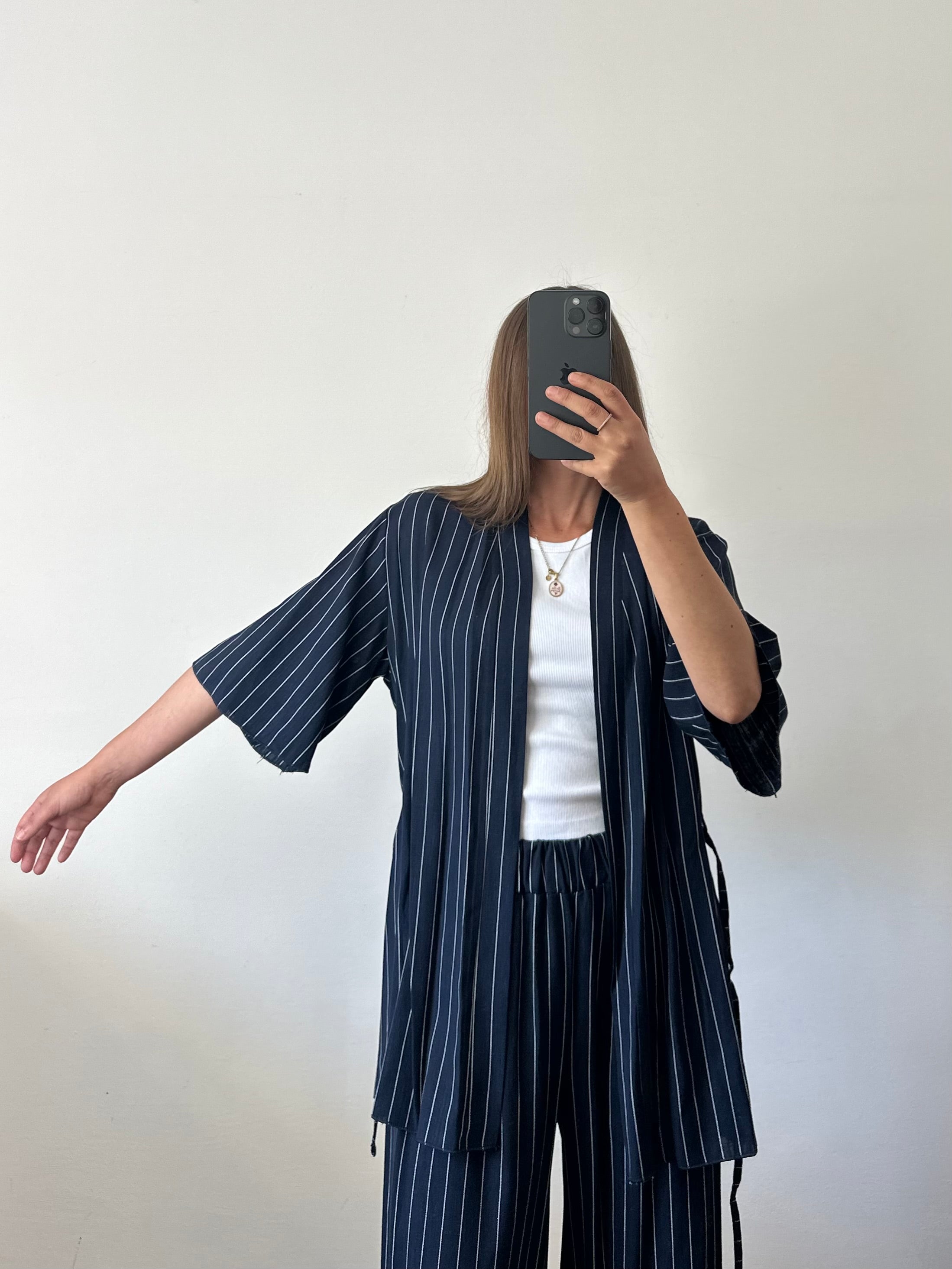 COORDINATO KIMONO misto lino blu gessato