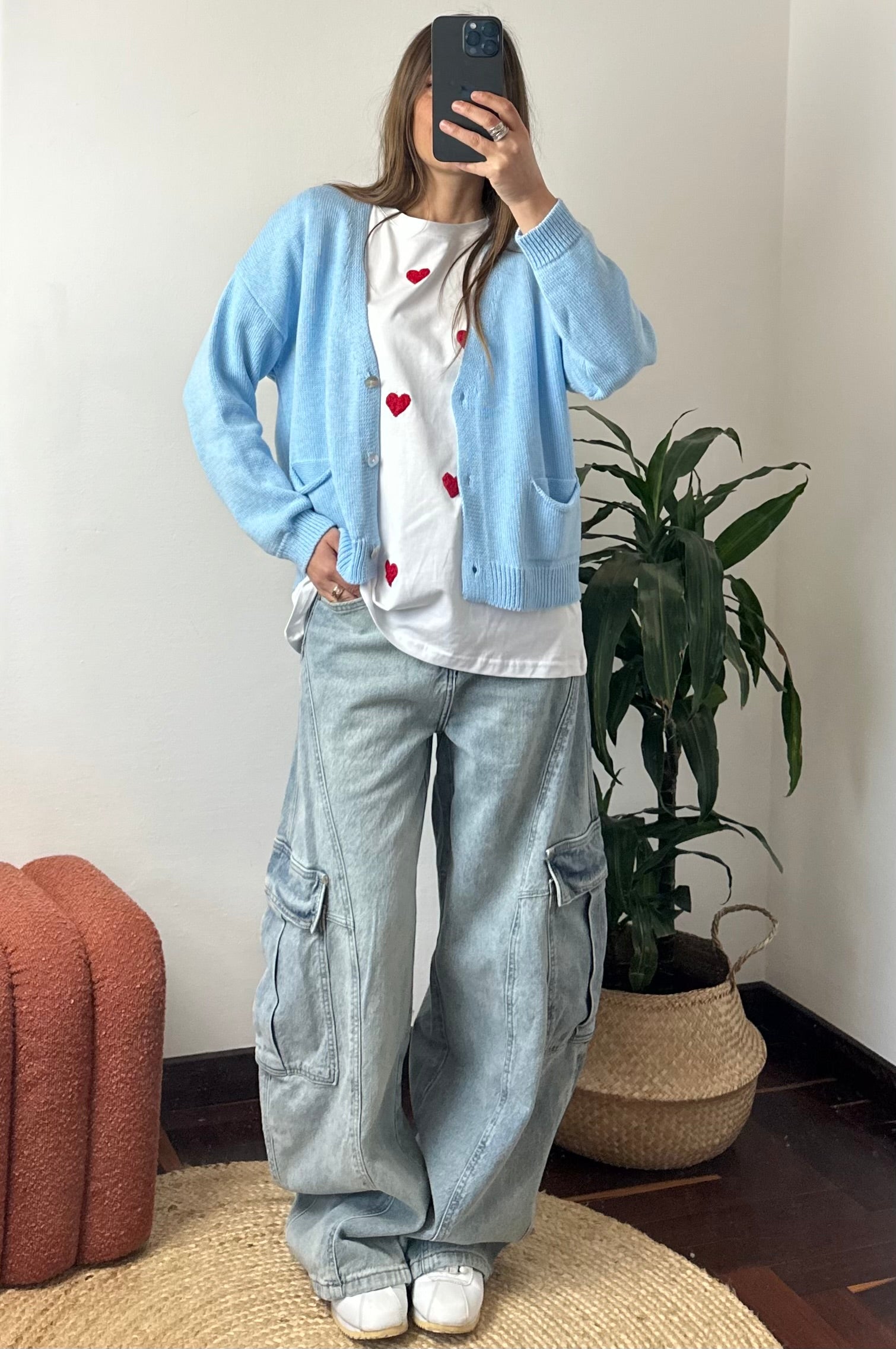 CARDIGAN con tasche in misto cotone AZZURRO