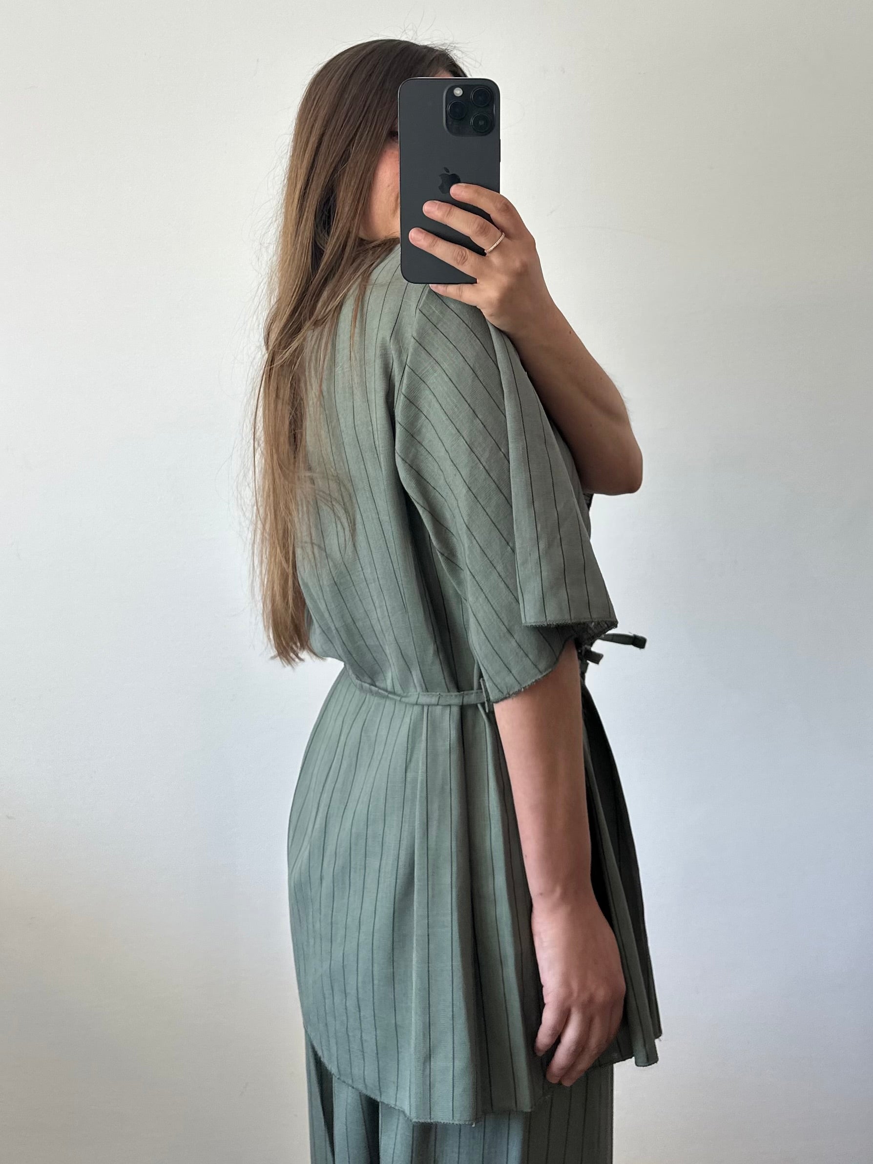 COORDINATO KIMONO misto lino verde gessato