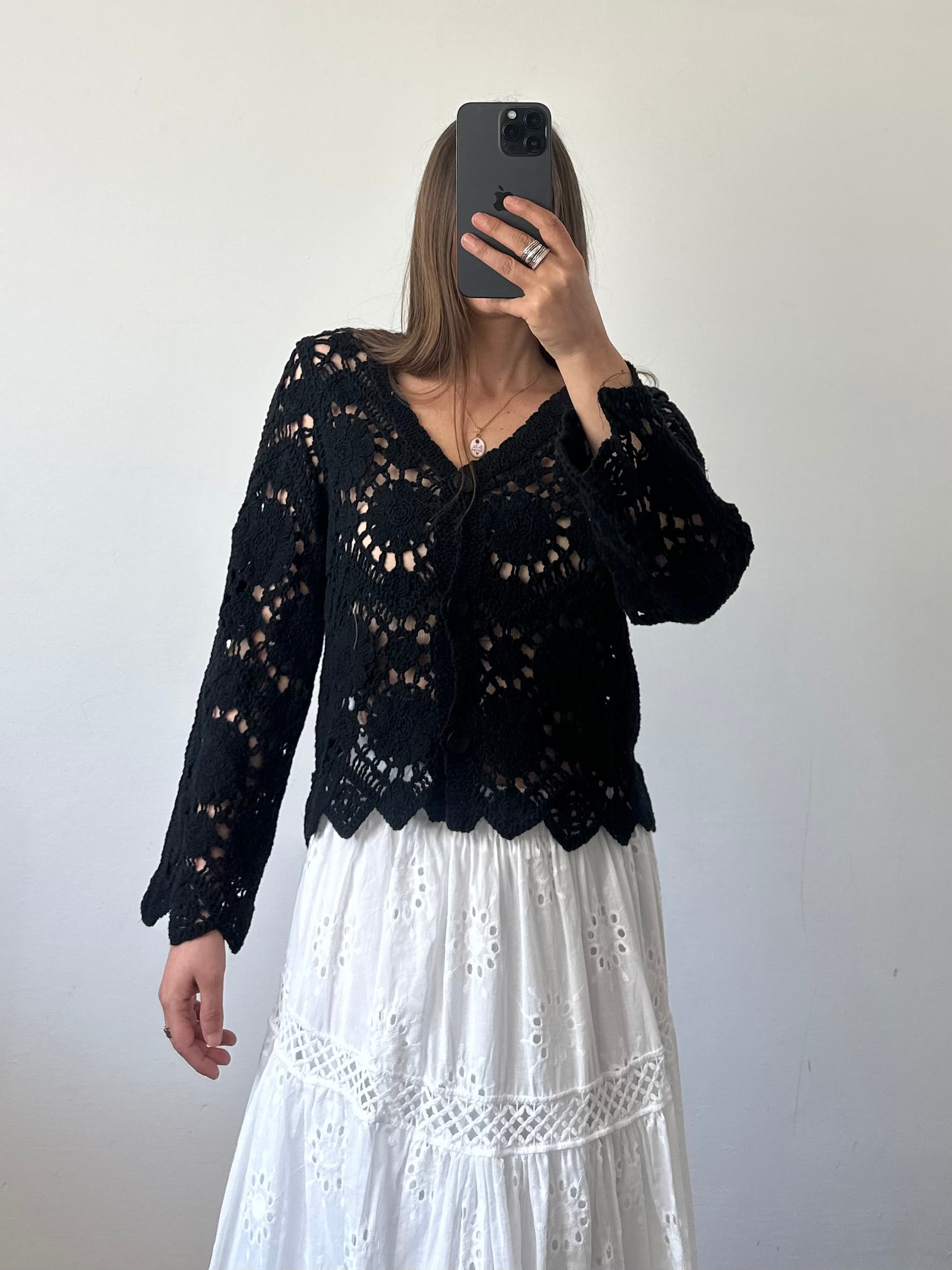 Cardigan crochet 100% cotone traforato nero