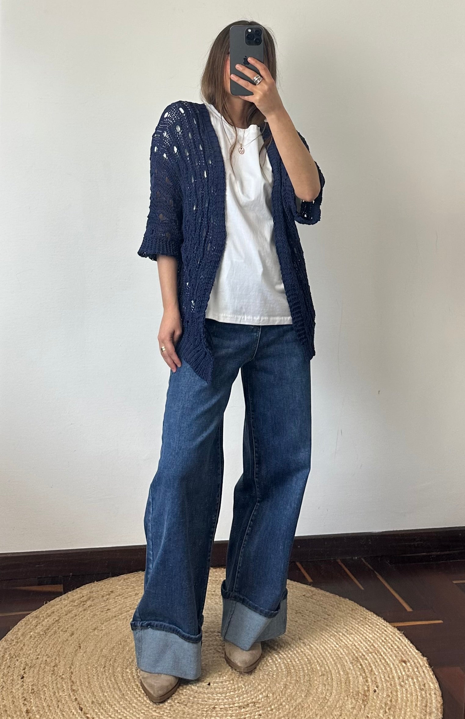 Cardigan crochet 100% cotone traforato aperto blu